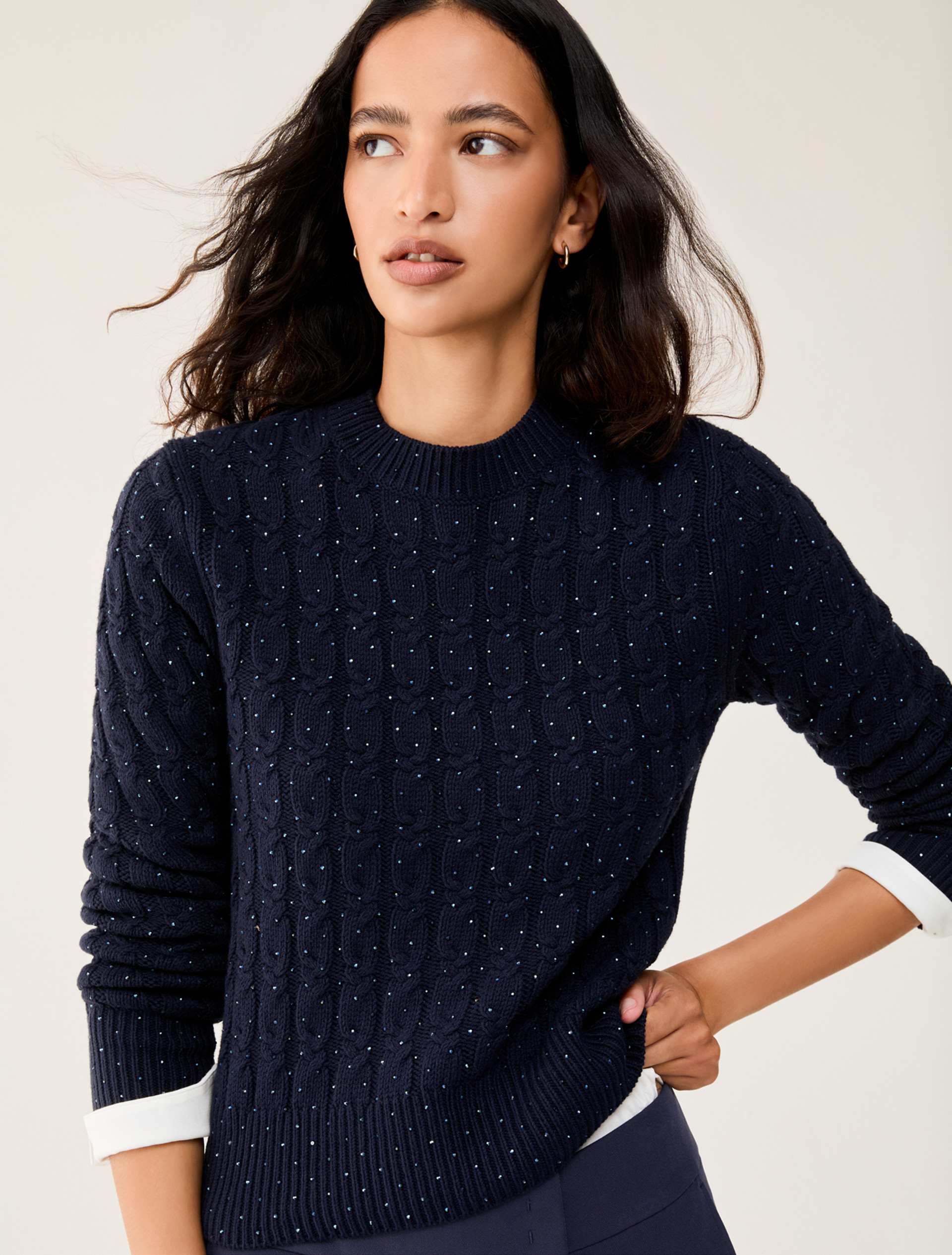 Cable-knit sweater with micro-rhinestone detail - NAVY - pennyblack