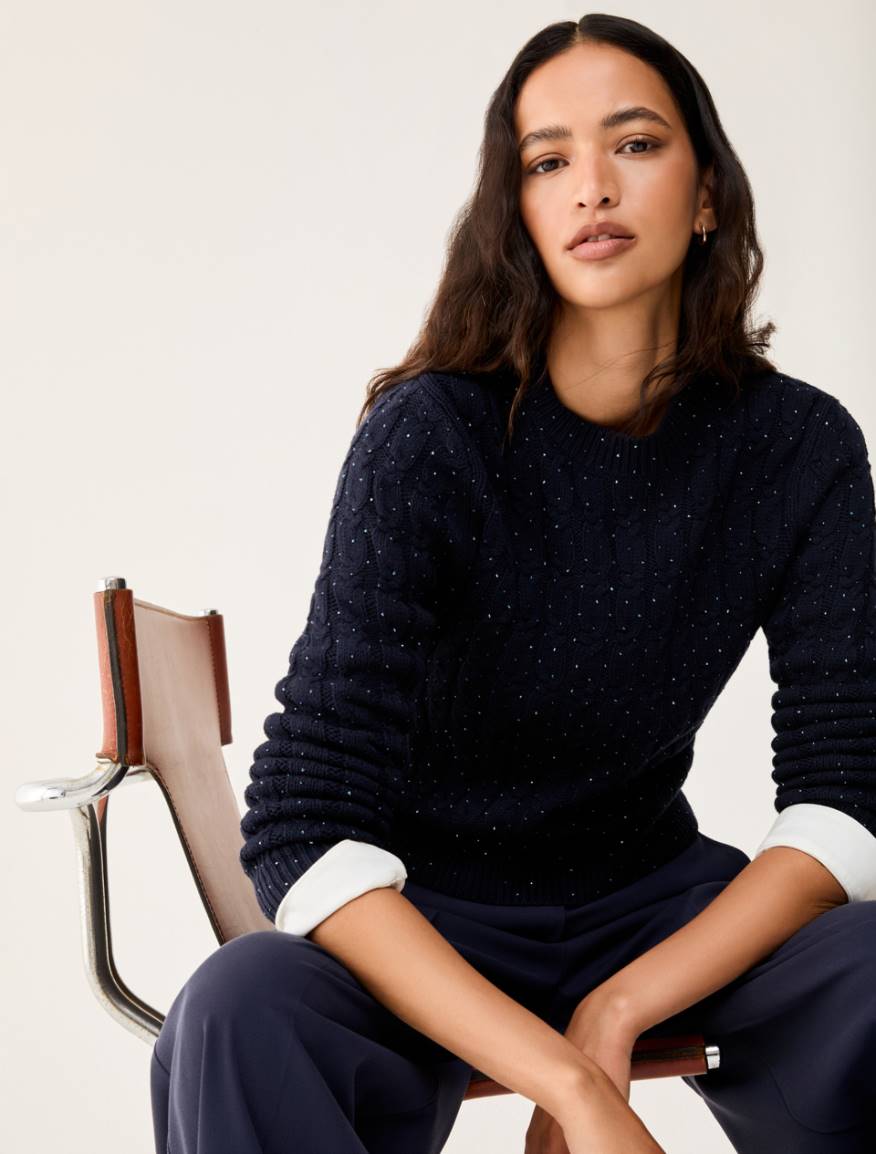 Cable-knit sweater with micro-rhinestone detail - NAVY - Pennyblack - 5