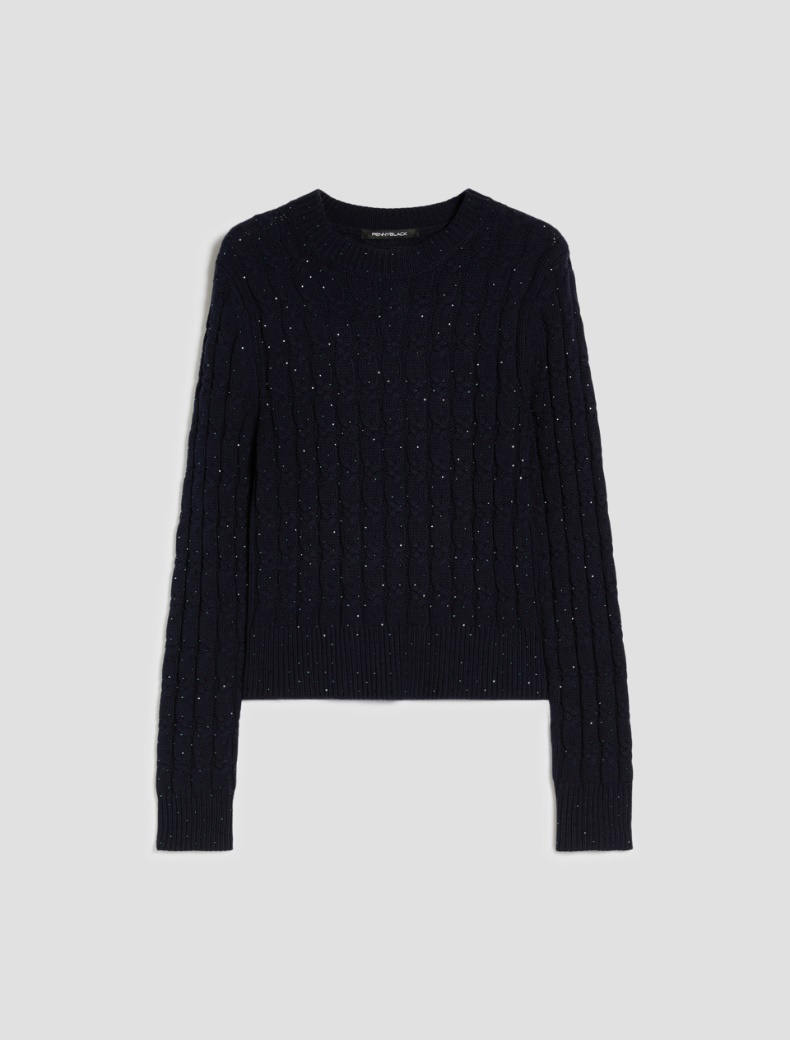 Cable-knit sweater with micro-rhinestone detail - NAVY - pennyblack