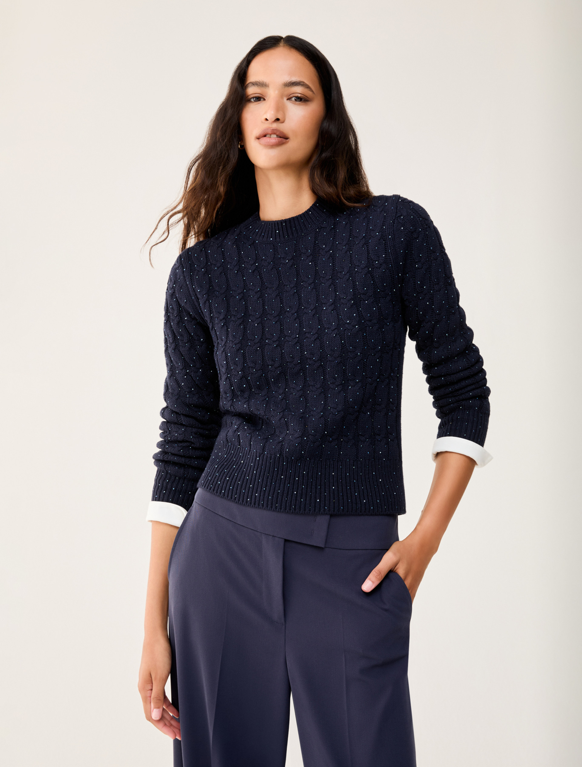 Cable-knit sweater with micro-rhinestone detail - NAVY - pennyblack