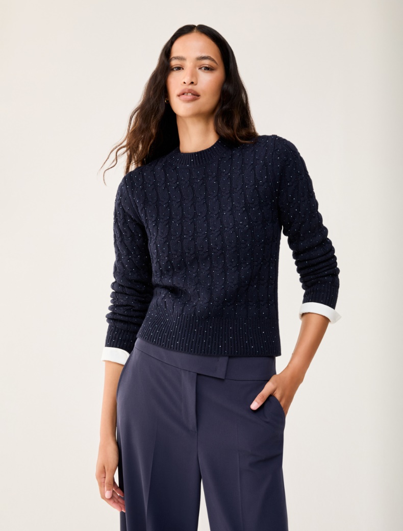 Cable-knit sweater with micro-rhinestone detail - NAVY - pennyblack