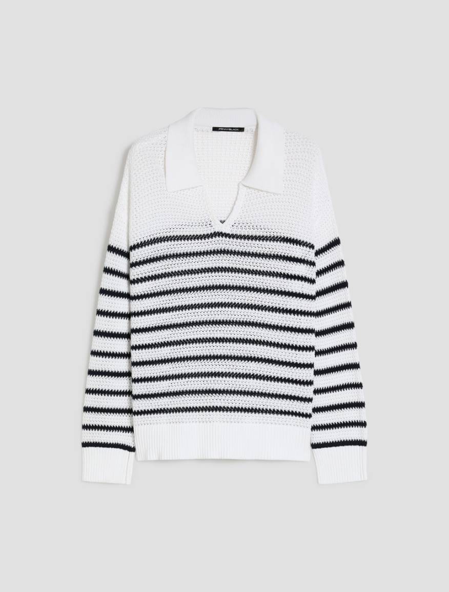 Striped cotton polo sweater - WHITE - Pennyblack - 2