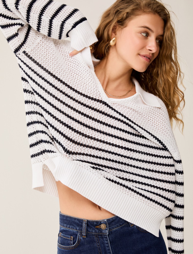 Striped cotton polo sweater - WHITE - pennyblack
