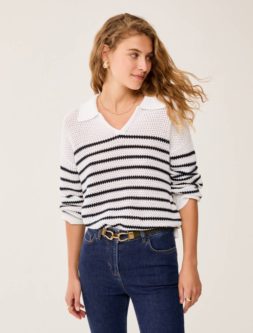 Striped cotton polo sweater - WHITE - Pennyblack