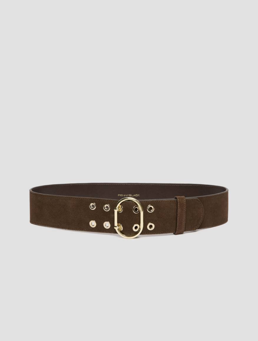 Eyelet-decorated suede belt - DARK BROWN - Pennyblack