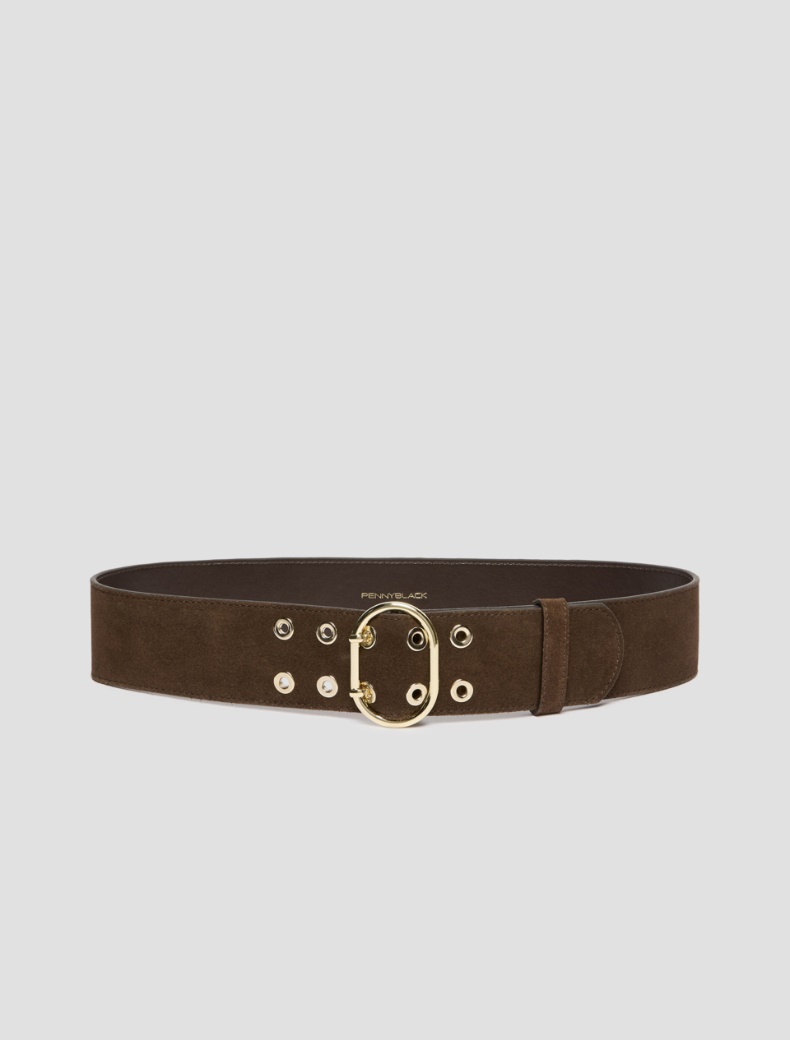 Eyelet-decorated suede belt - DARK BROWN - pennyblack