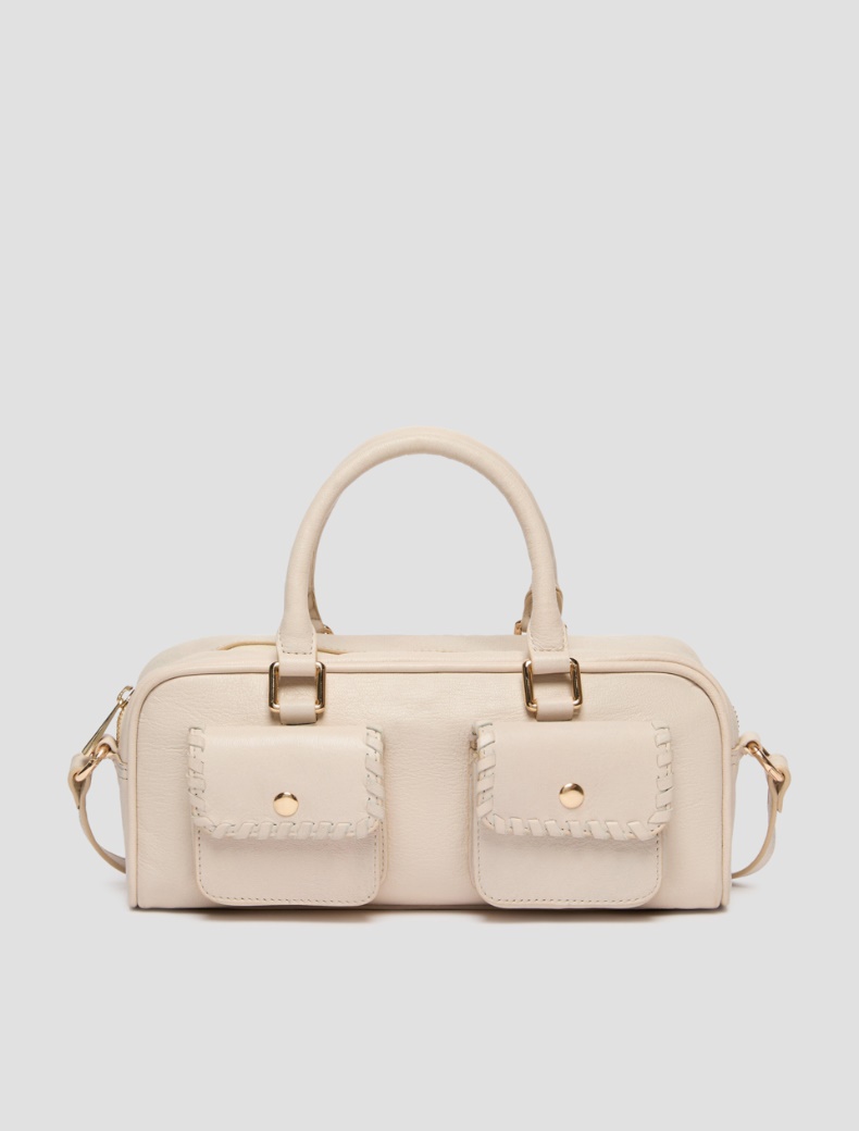 Leather bowler bag with pocket detail - IVORY - pennyblack