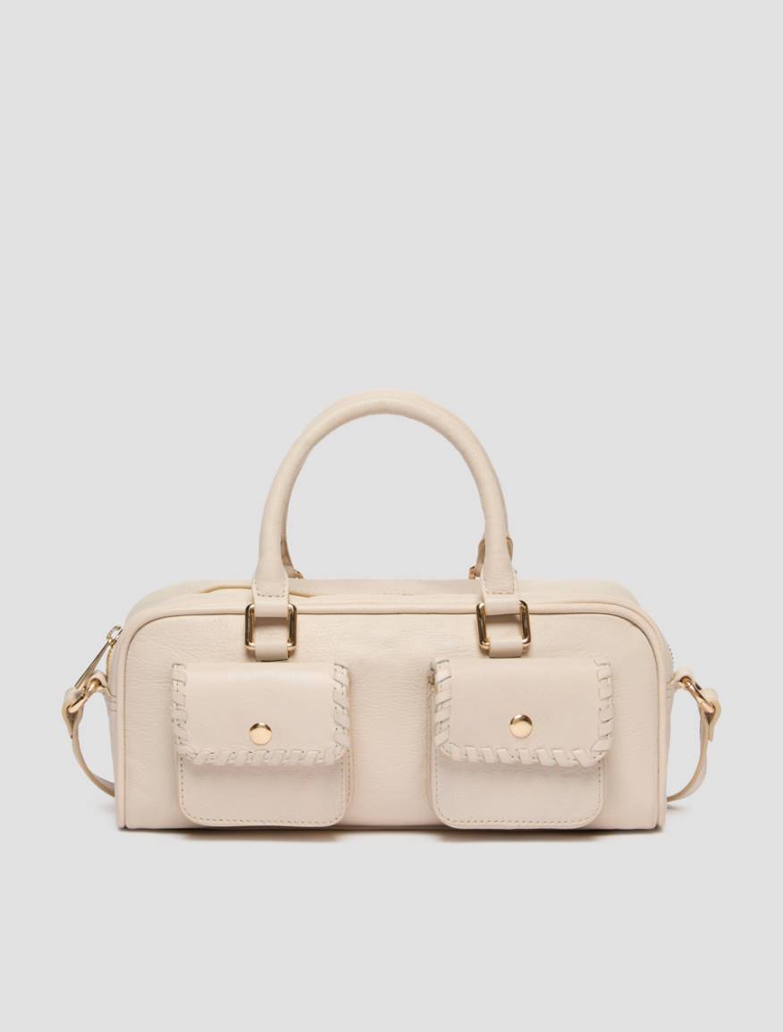 Leather bowler bag with pocket detail - IVORY - Pennyblack