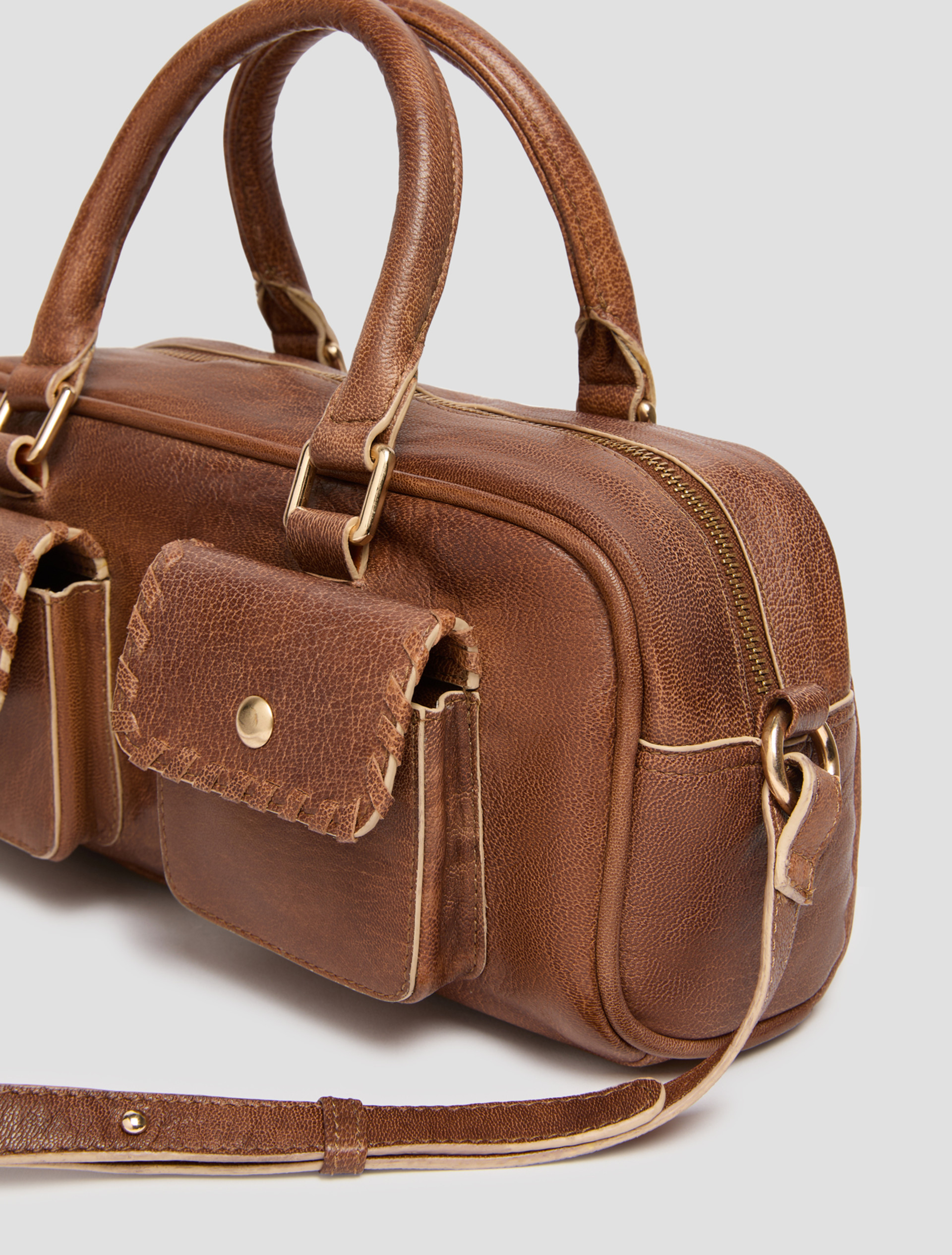 Leather bowler bag with pocket detail - TOBACCO - pennyblack