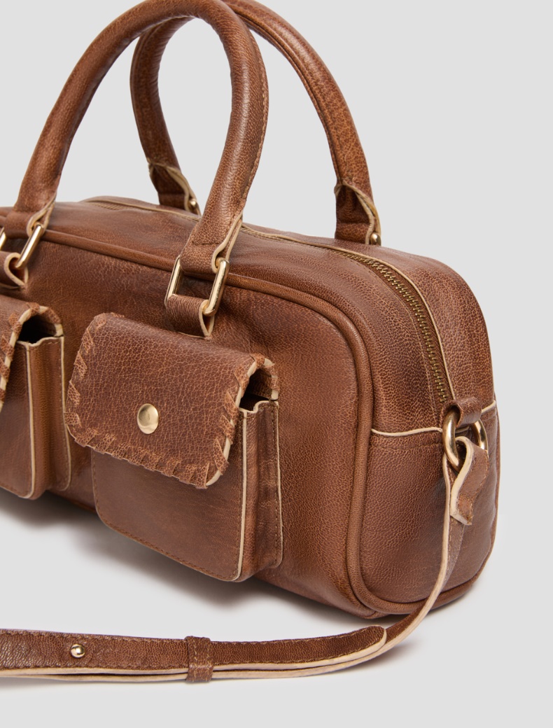 Leather bowler bag with pocket detail - TOBACCO - pennyblack