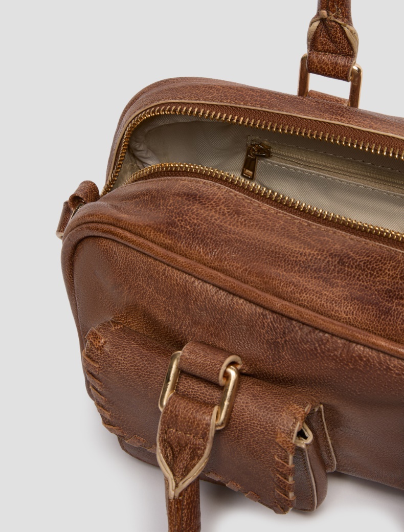 Leather bowler bag with pocket detail - TOBACCO - pennyblack