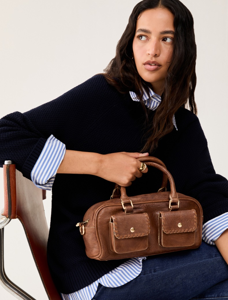 Leather bowler bag with pocket detail - TOBACCO - pennyblack