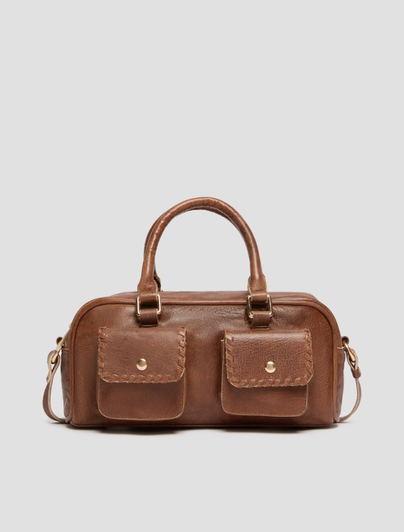 Leather bowler bag with pocket detail - TOBACCO - pennyblack