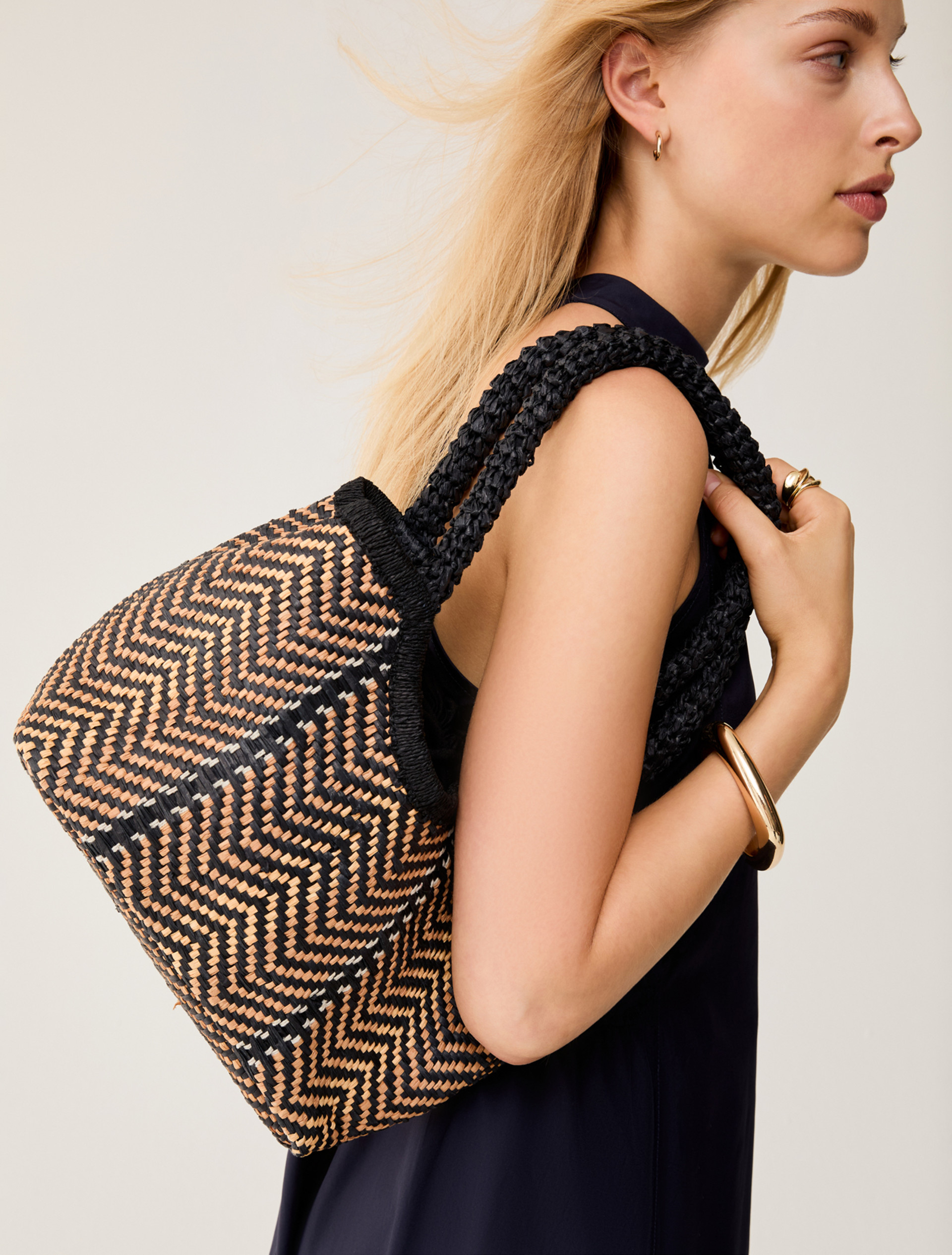 Woven paper yarn tote bag - BLACK - pennyblack