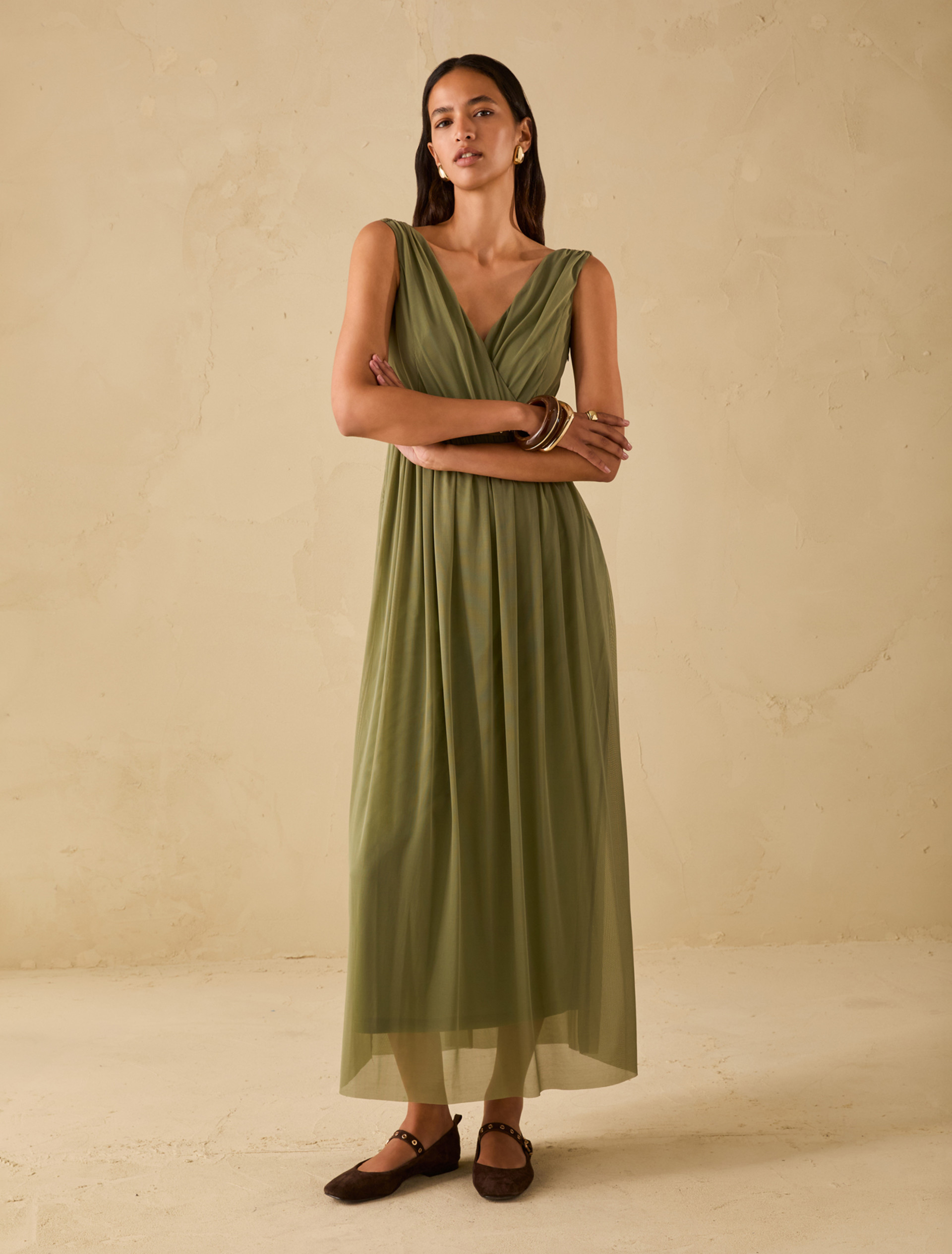 Long tulle jersey dress - GREEN - pennyblack