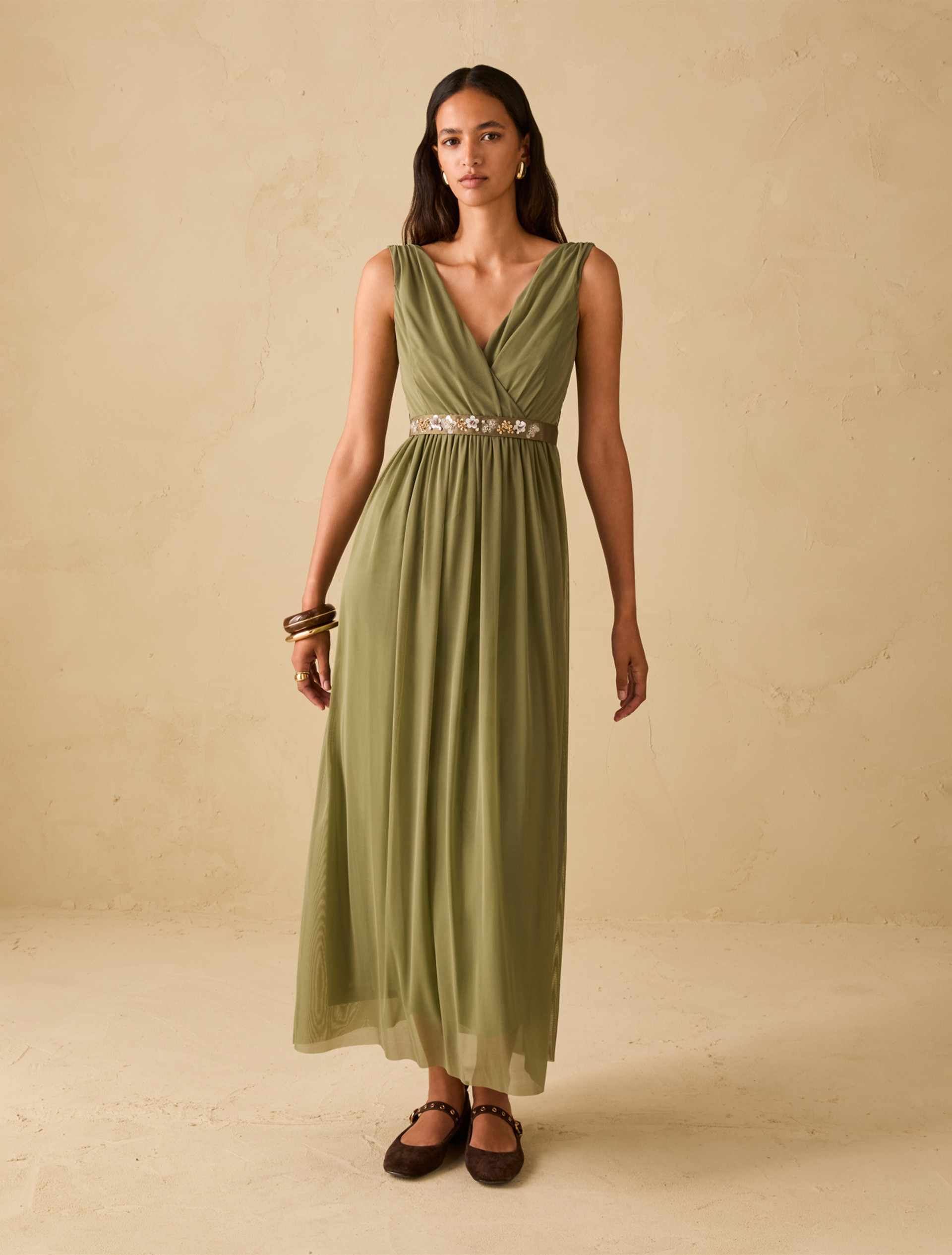 Long tulle jersey dress - GREEN - pennyblack