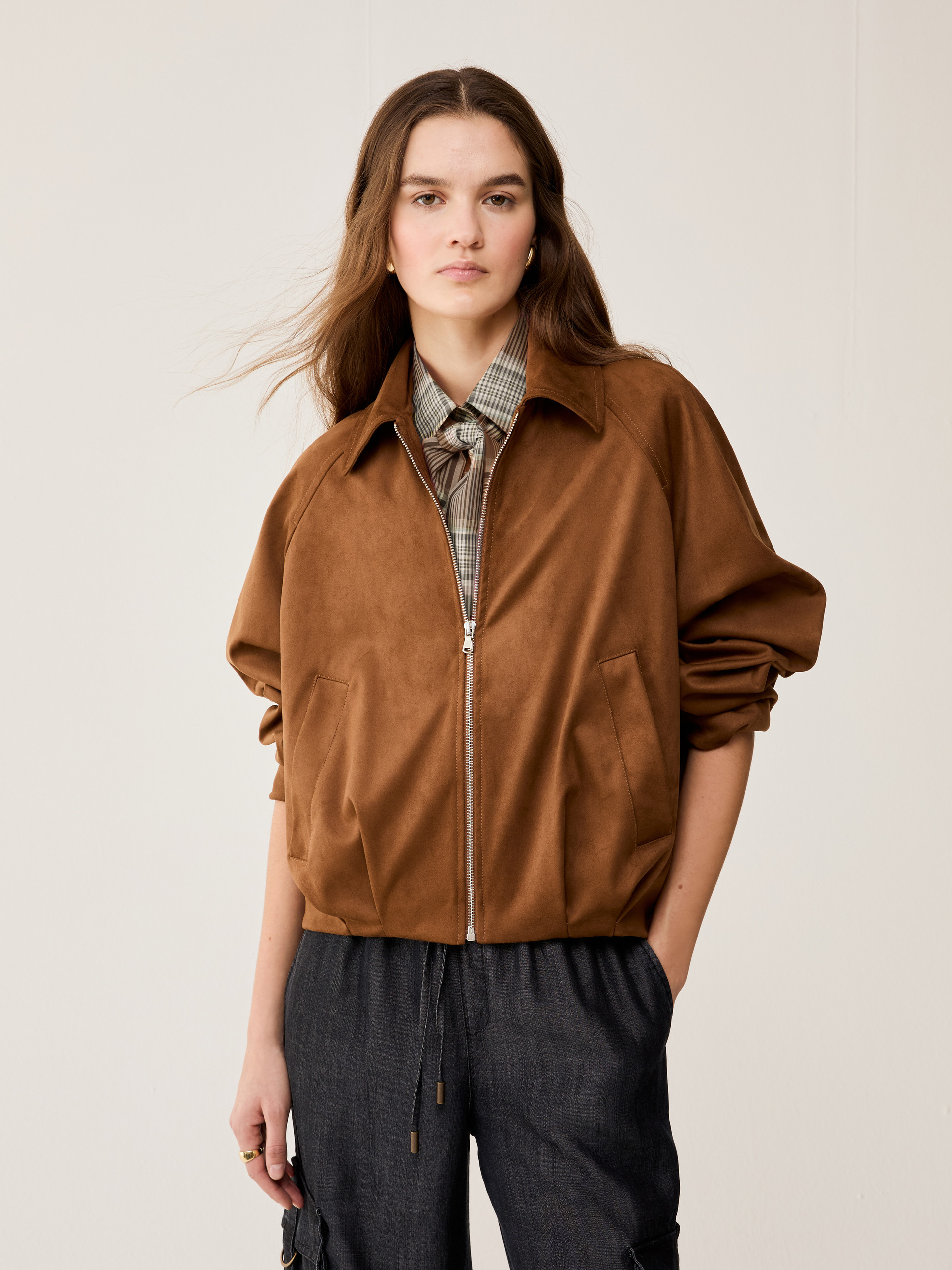 Velvety jersey bomber jacket - TOBACCO BROWN - pennyblack