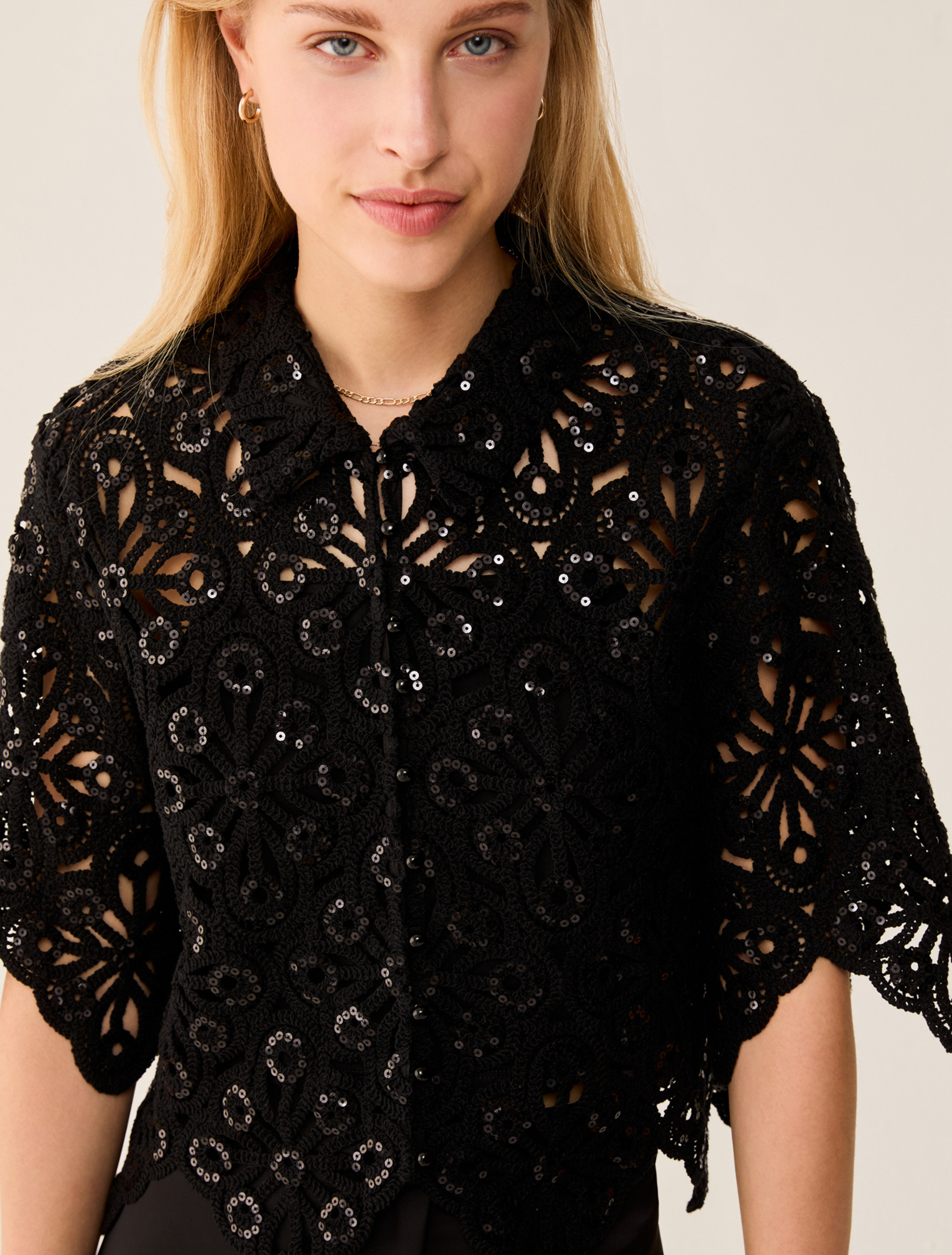 Macramé shirt with sequins - BLACK - pennyblack