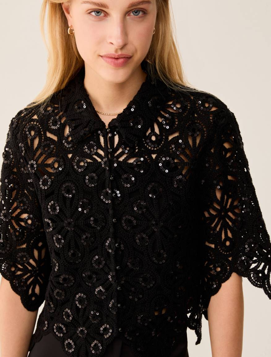 Macramé shirt with sequins - BLACK - Pennyblack - 4