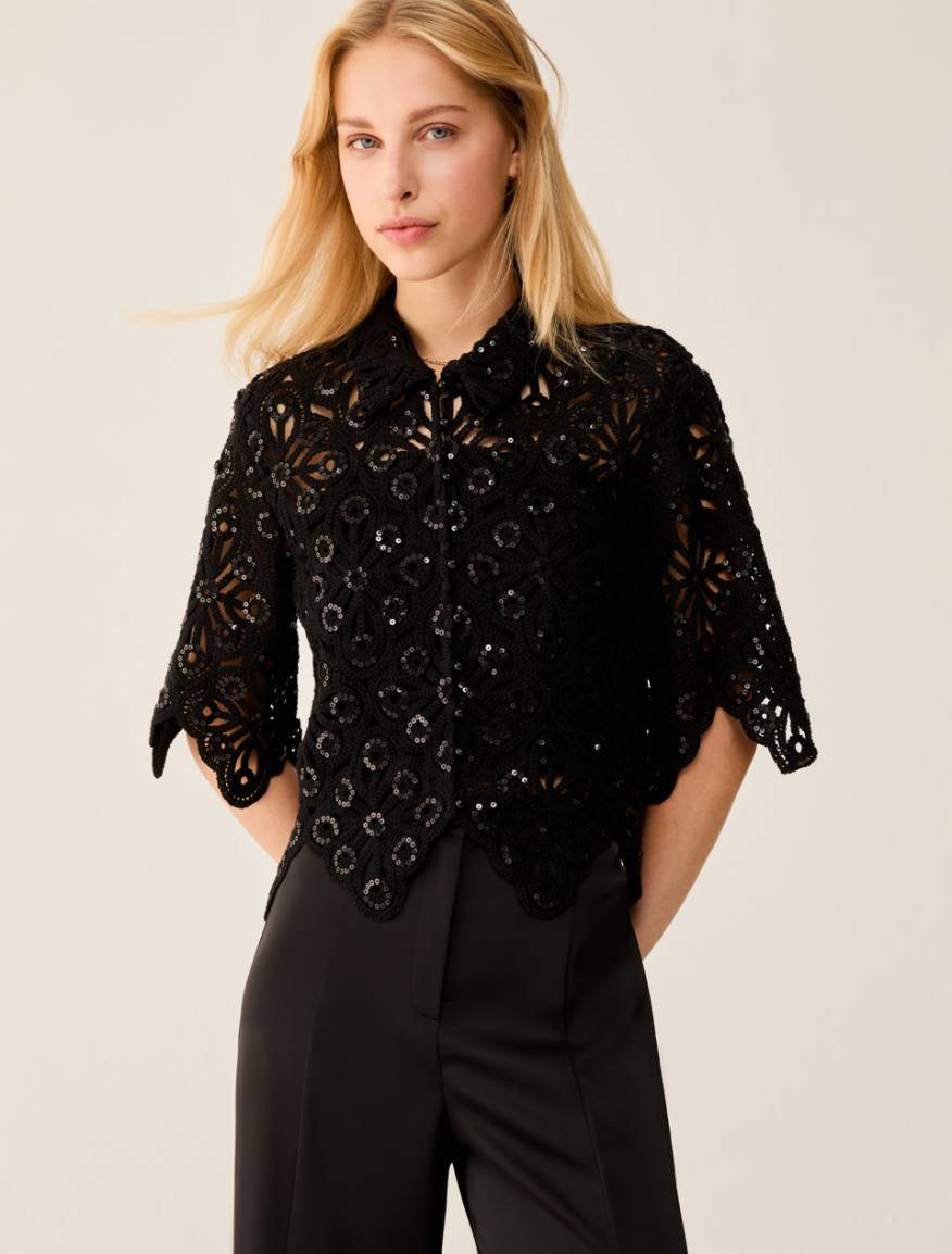 Macramé shirt with sequins - BLACK - Pennyblack