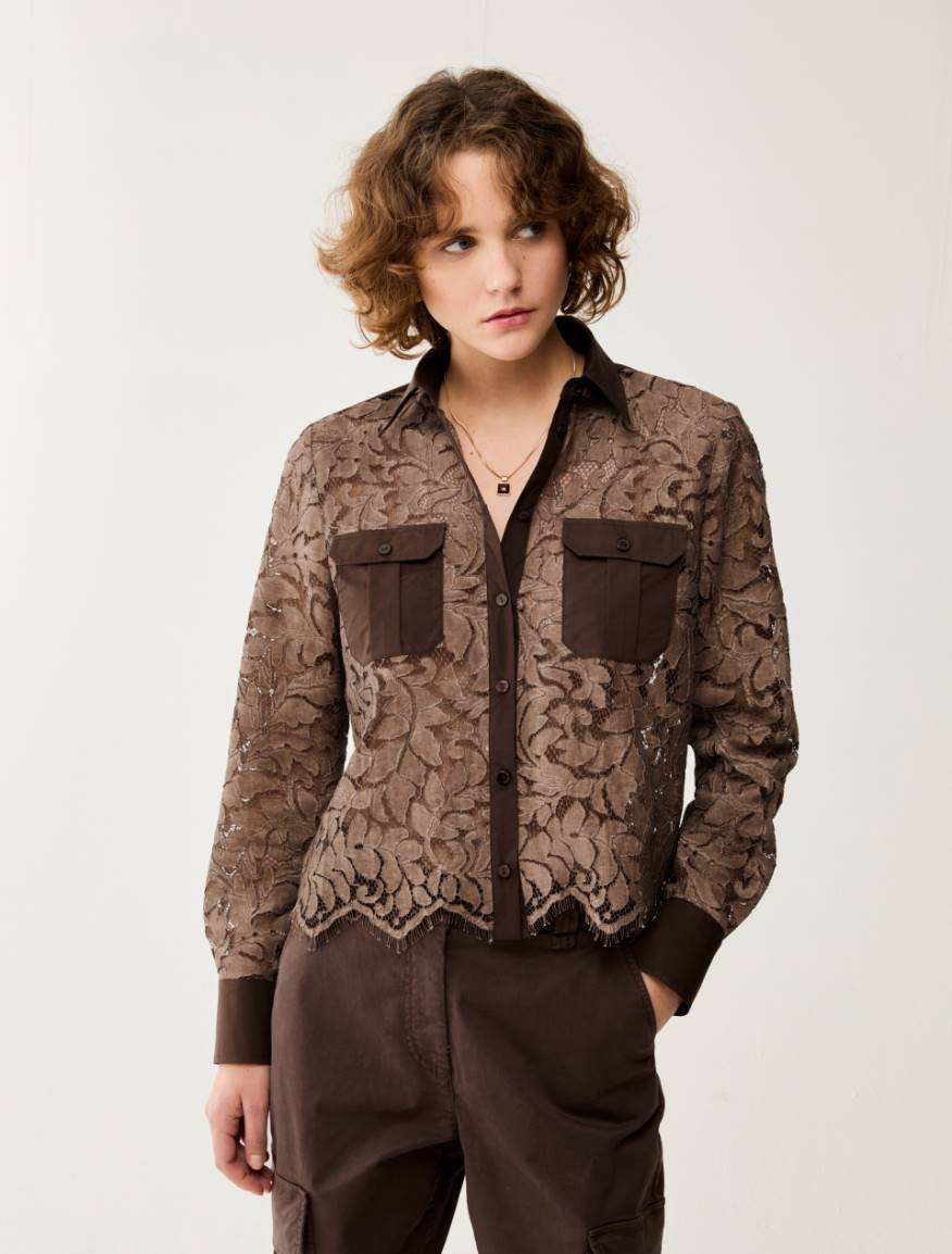 Lace and poplin shirt - COCOA - Pennyblack