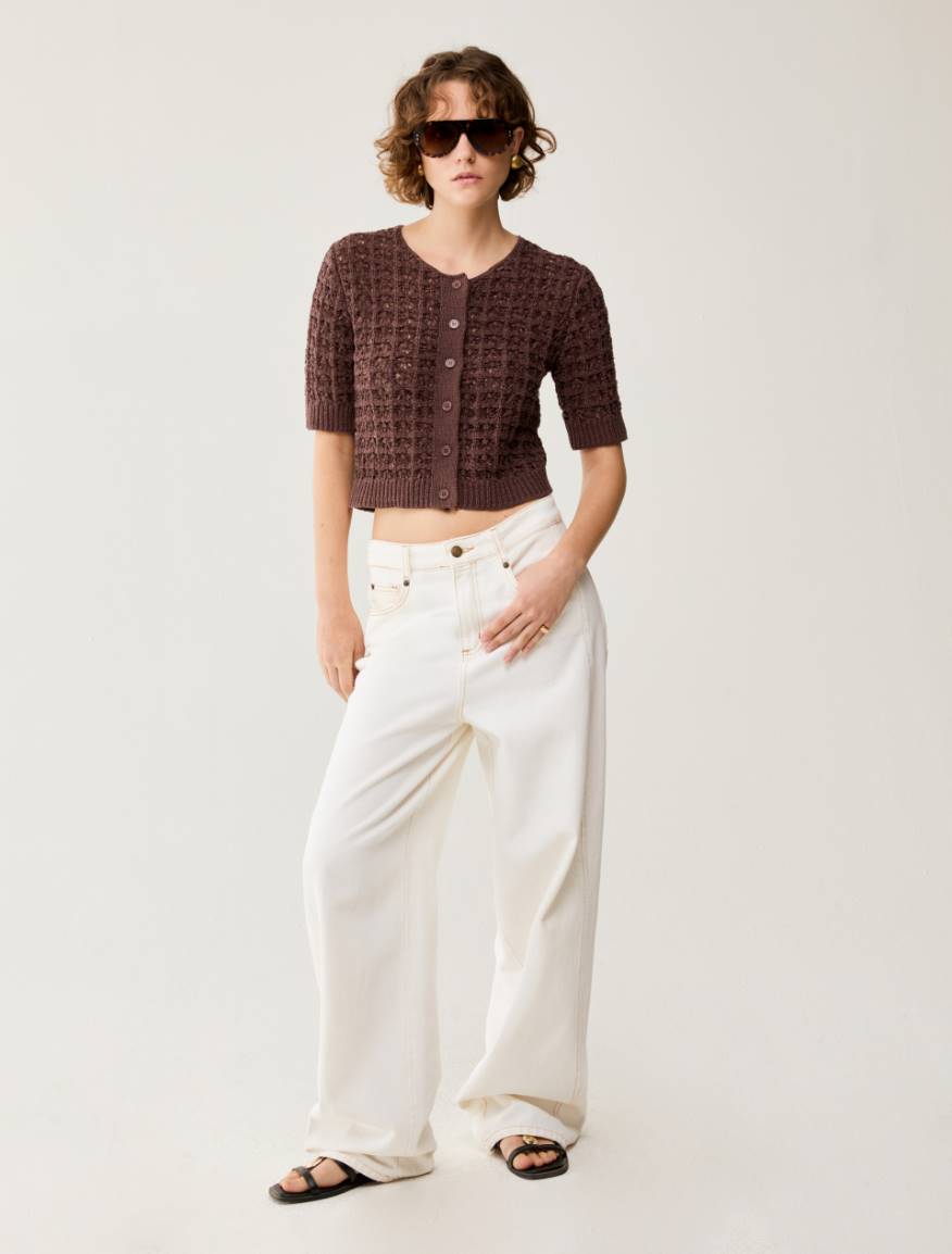 3D-knit cropped cardigan - BROWN - Pennyblack - 5