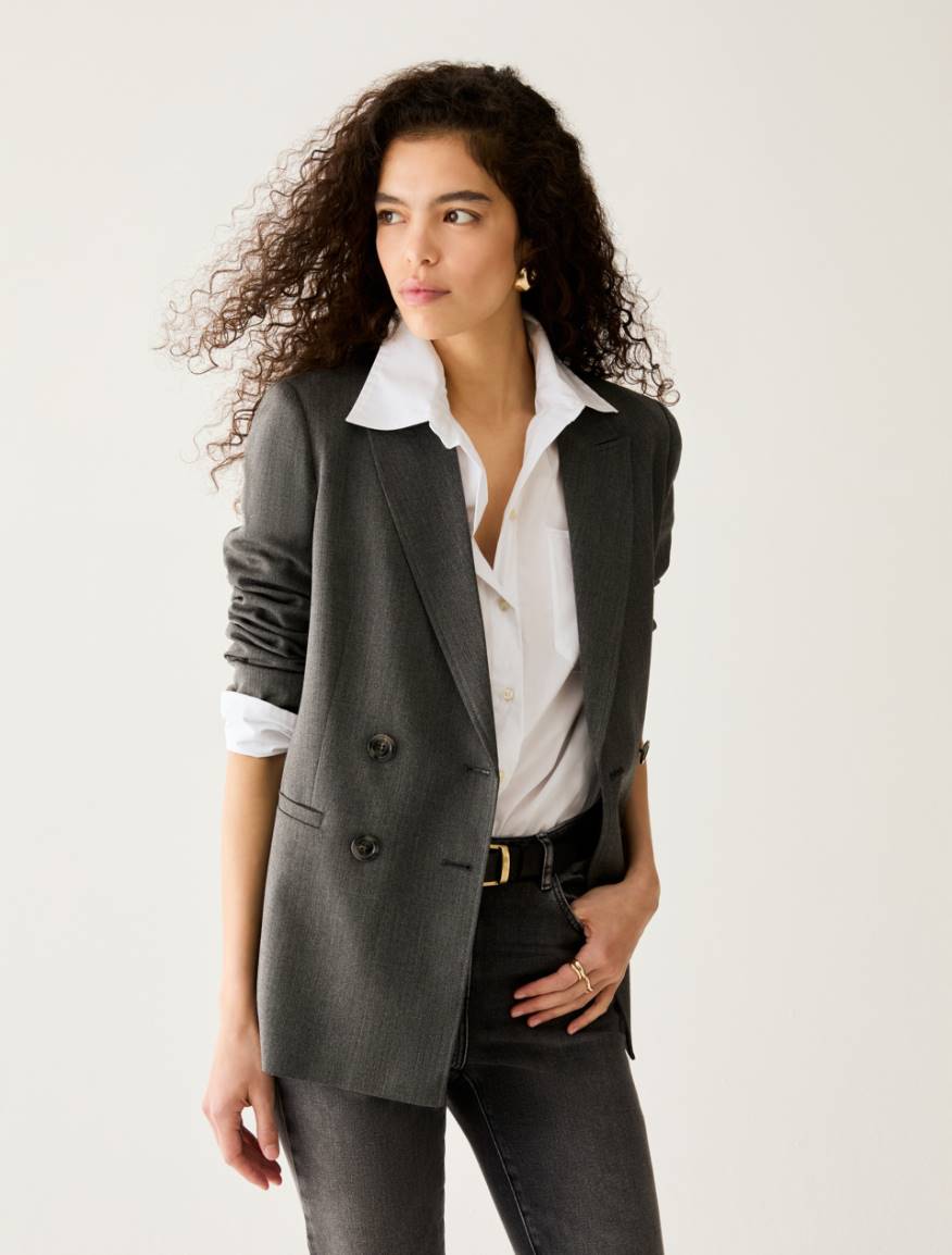 Relaxed Double-Breasted Blazer - GREY - Pennyblack
