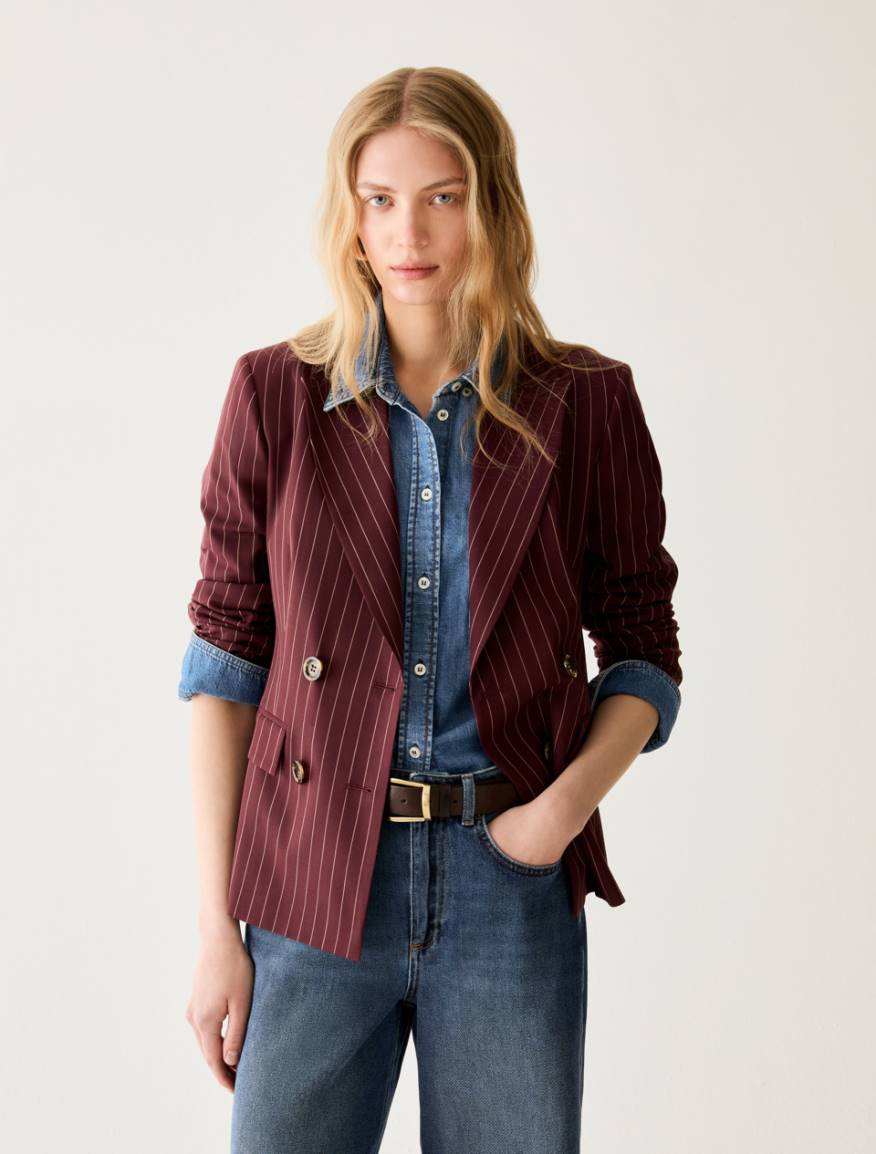 Pinstriped double-breasted blazer - BORDEAUX - Pennyblack