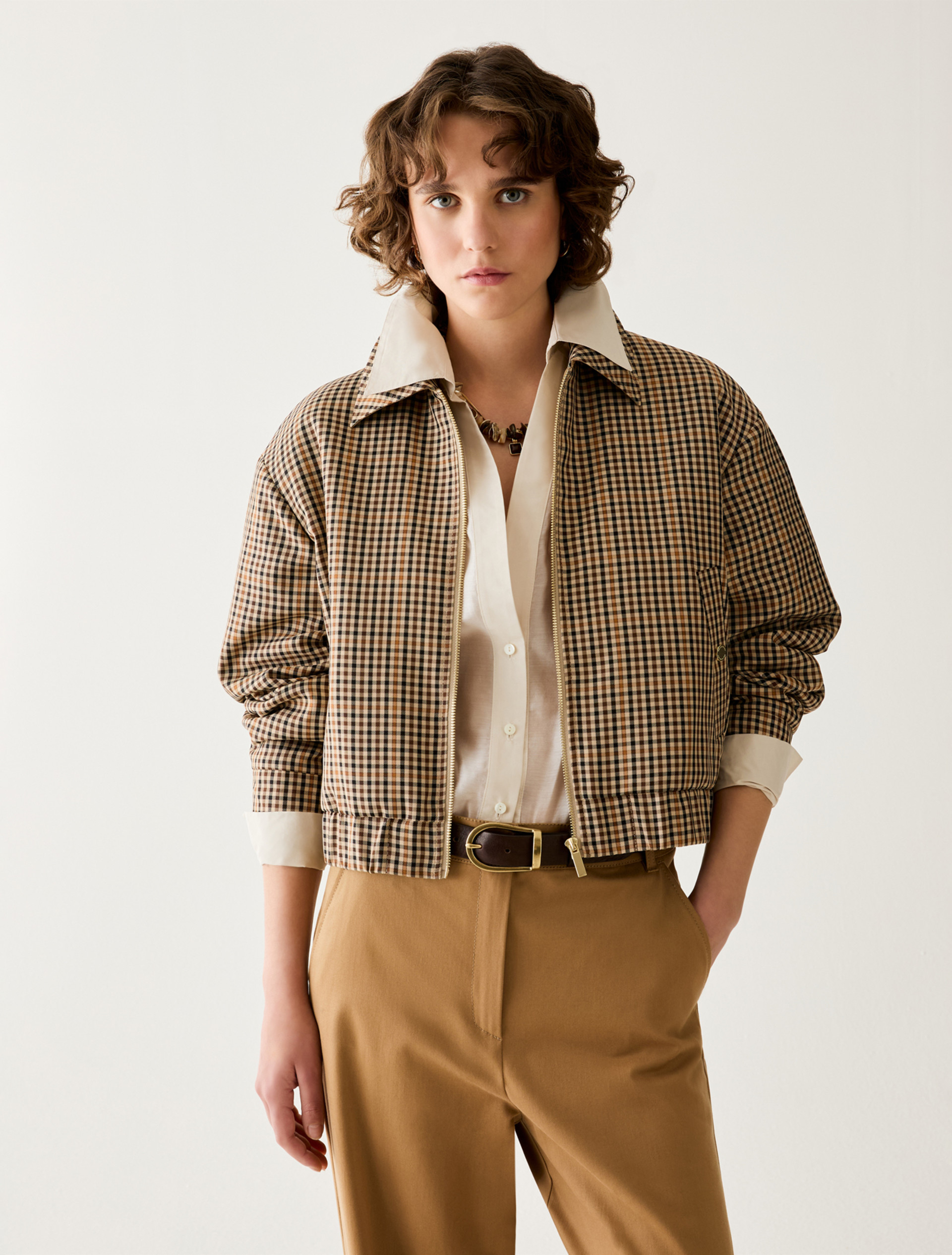 Gingham bomber jacket - CAMEL - Pennyblack - 1