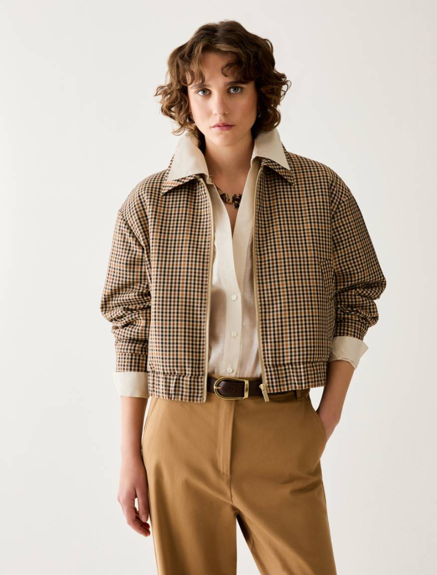 Gingham bomber jacket - CAMEL - Pennyblack