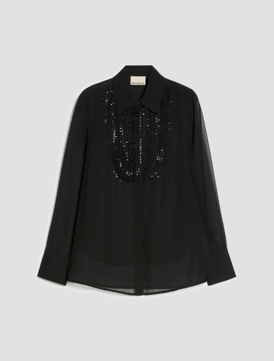 Sequinned Plastron Shirt - BLACK - Pennyblack - 2