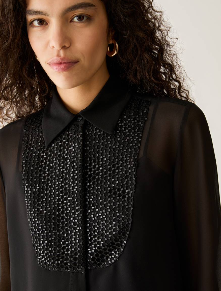 Sequinned Plastron Shirt - BLACK - Pennyblack - 4