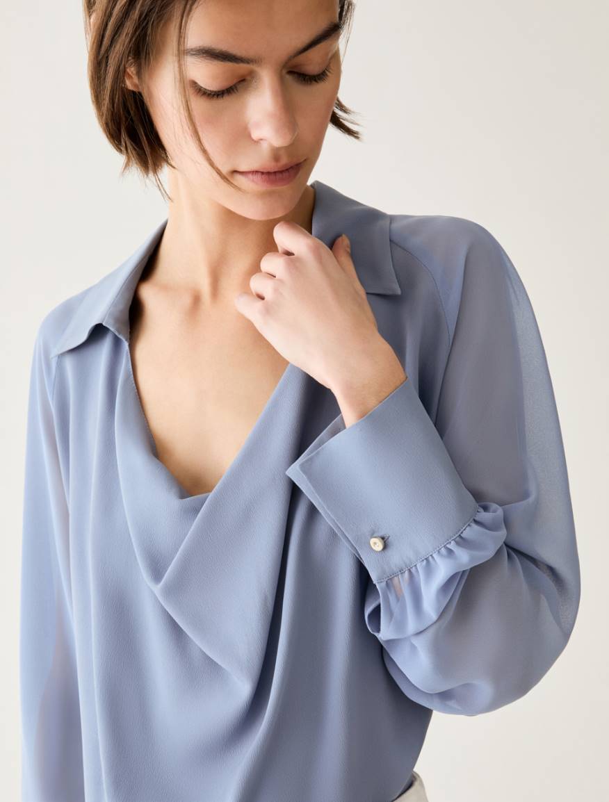 Mixed-material blouse - DUST BLUE - Pennyblack - 4