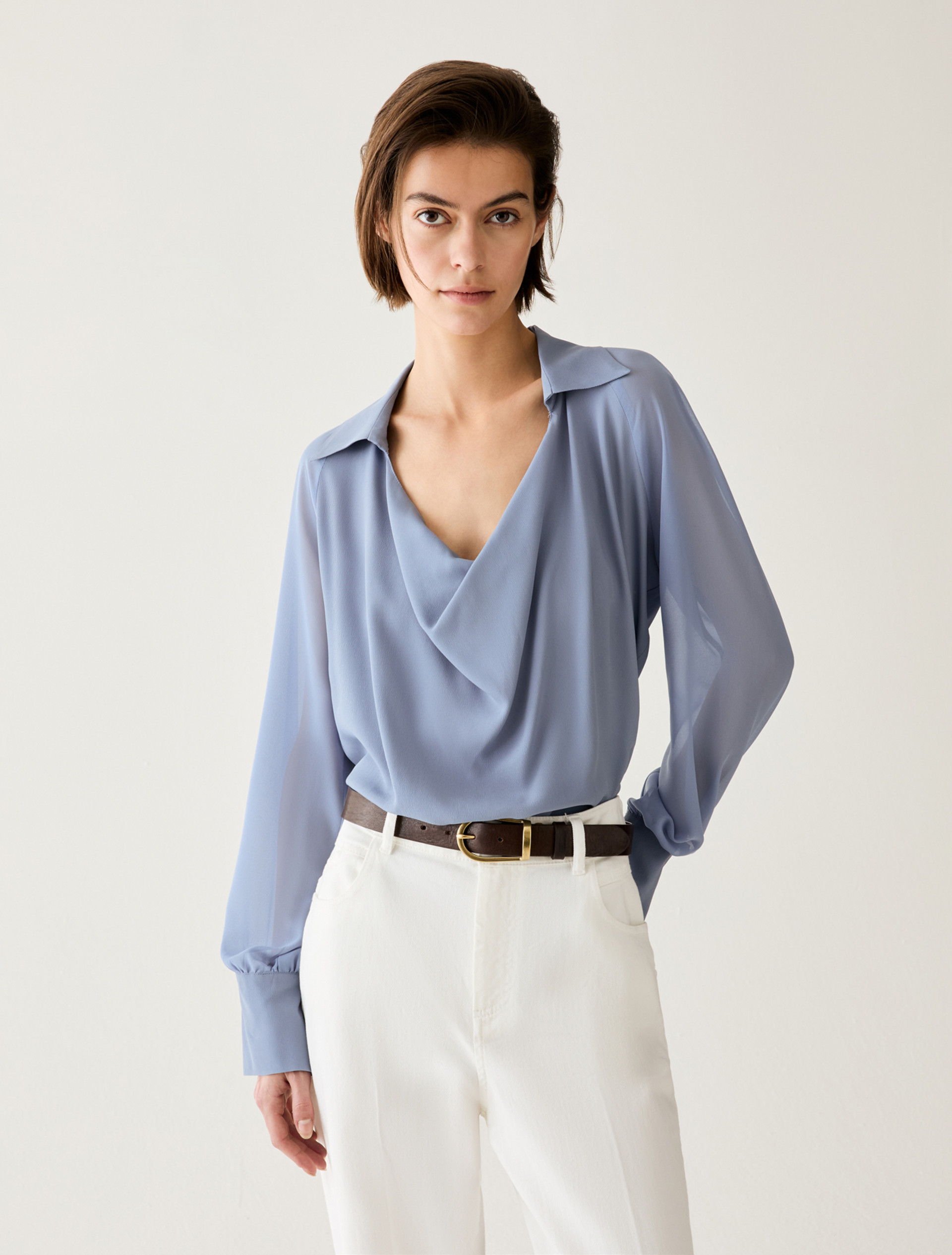 Mixed-material blouse - DUST BLUE - Pennyblack - 1