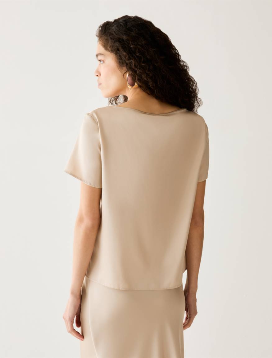 Stretch silk satin T-shirt - ALMOND - Pennyblack - 3