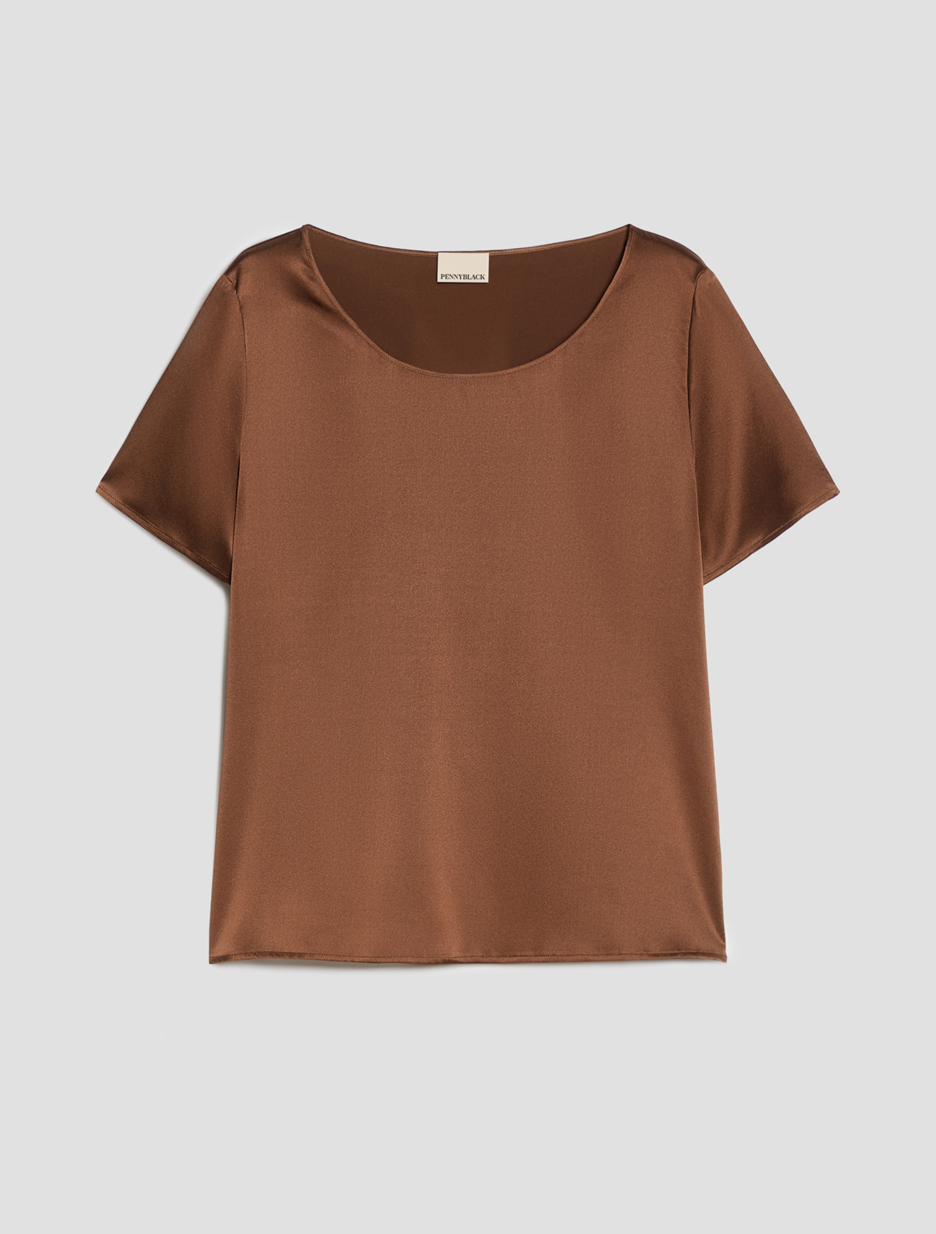 Stretch silk satin T-shirt - TOBACCO BROWN - pennyblack