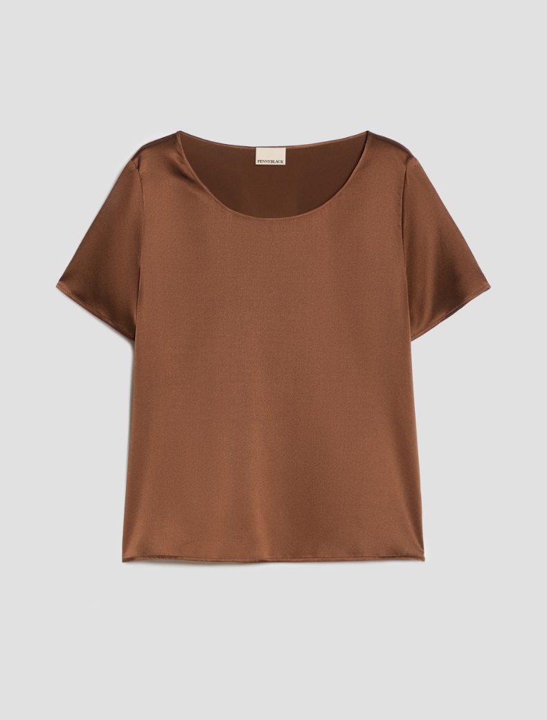 Stretch silk satin T-shirt - TOBACCO BROWN - pennyblack