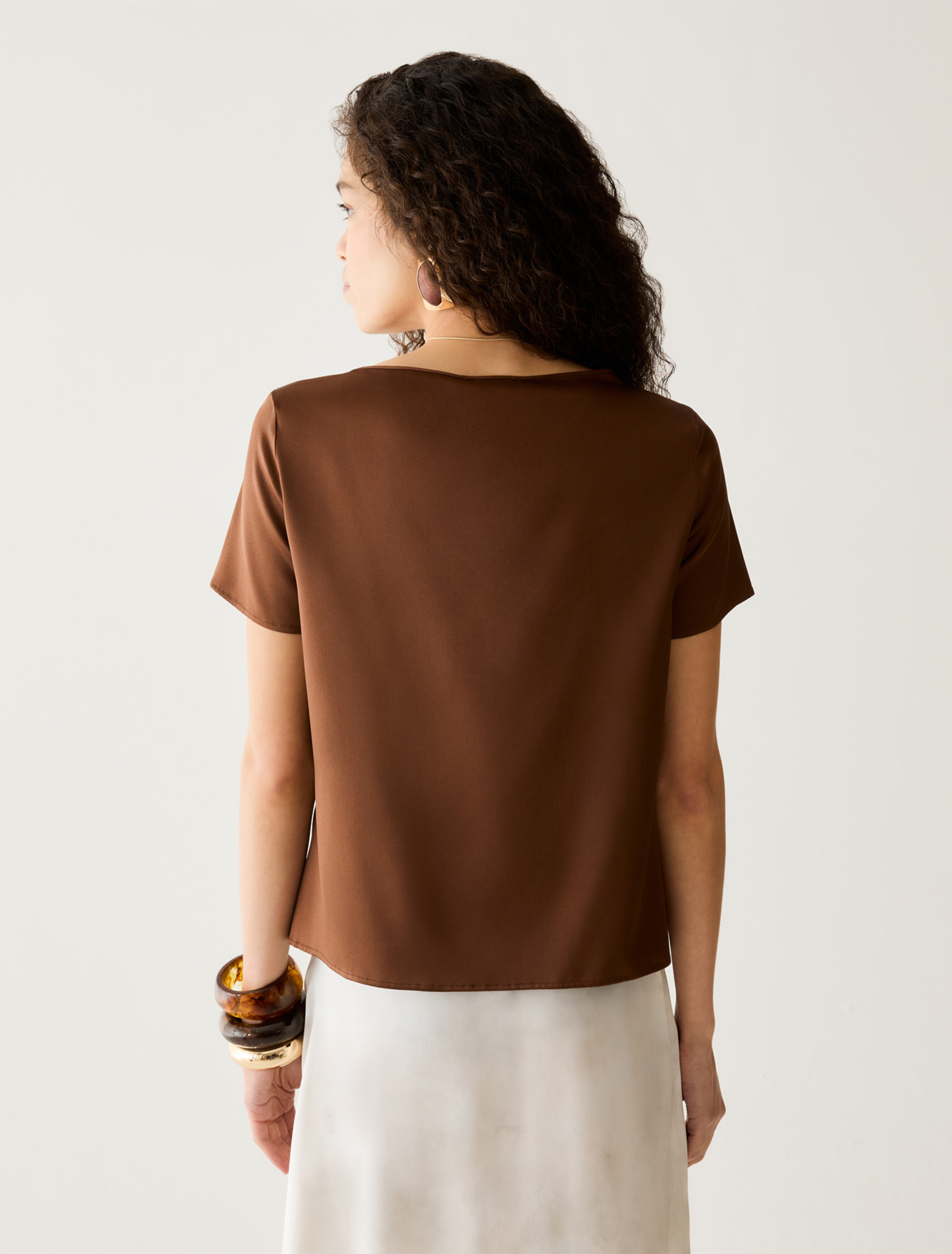 Stretch silk satin T-shirt - TOBACCO BROWN - pennyblack