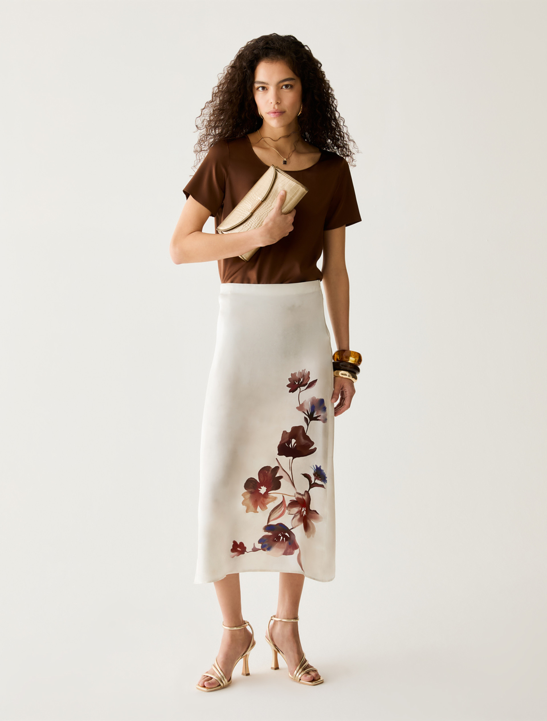 Stretch silk satin T-shirt - TOBACCO BROWN - pennyblack