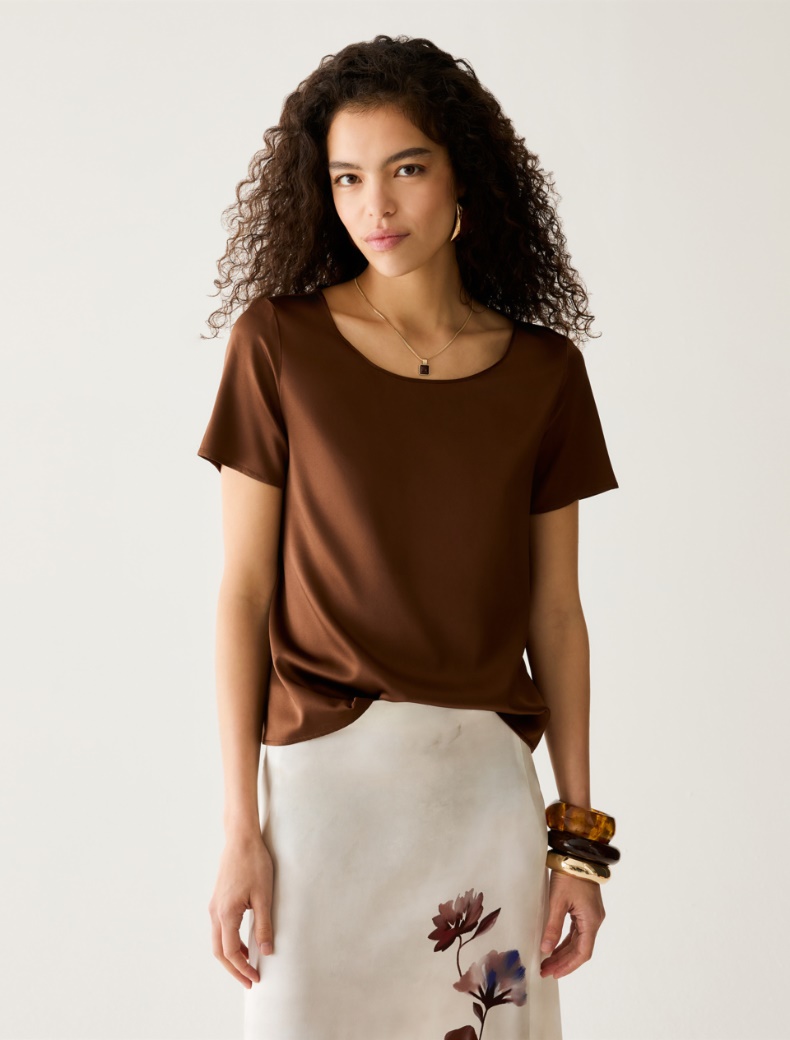 Stretch silk satin T-shirt - TOBACCO BROWN - pennyblack