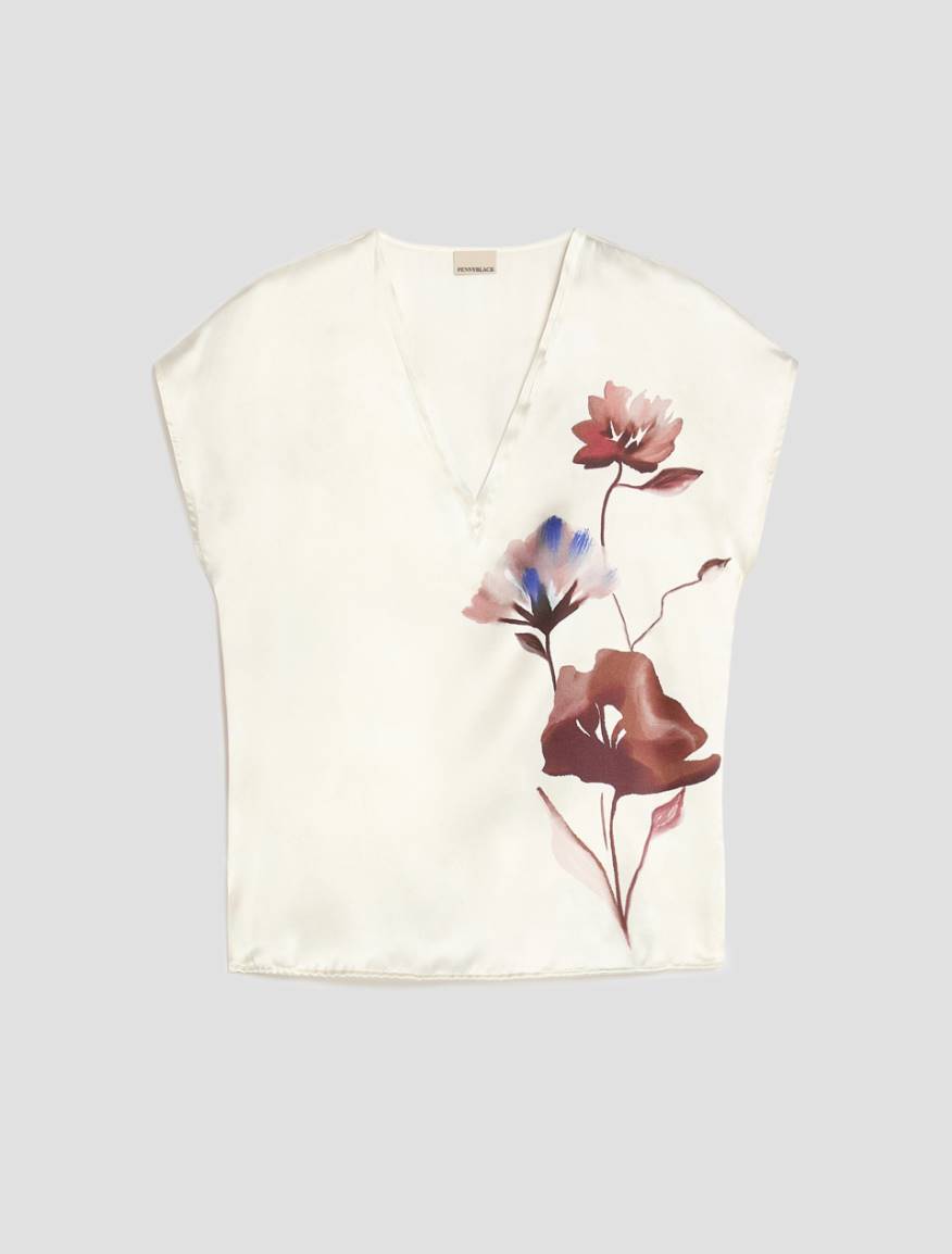 Floral silk satin blouse - RED - Pennyblack - 2