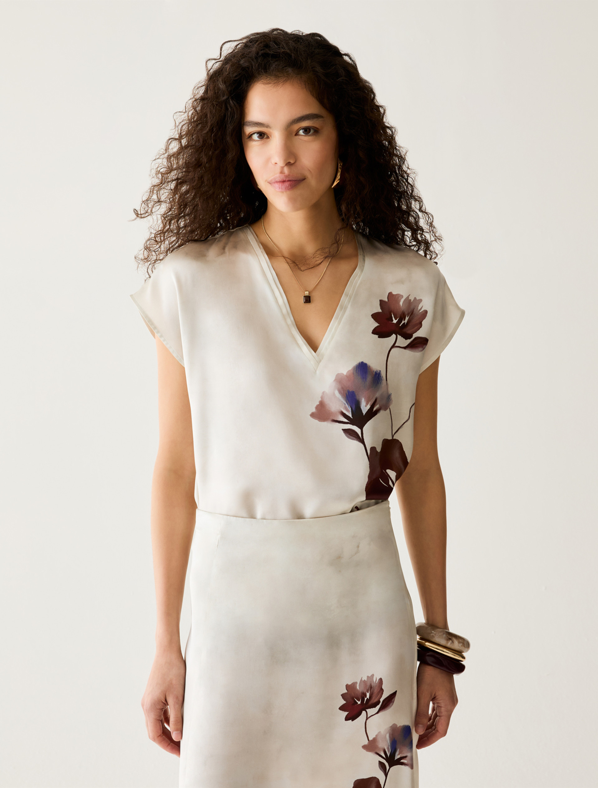 Floral silk satin blouse - RED - Pennyblack - 1