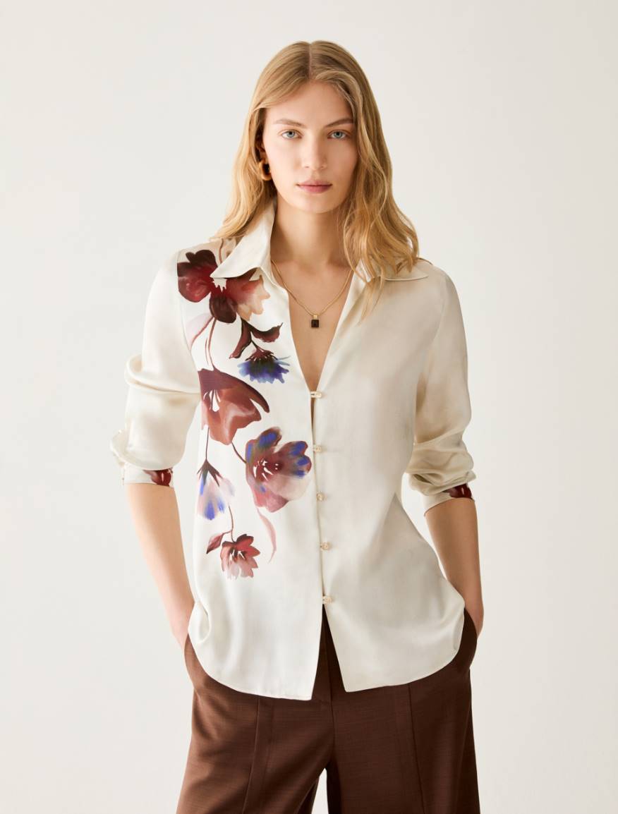 Camicia in raso con fiori - AVORIO - Pennyblack