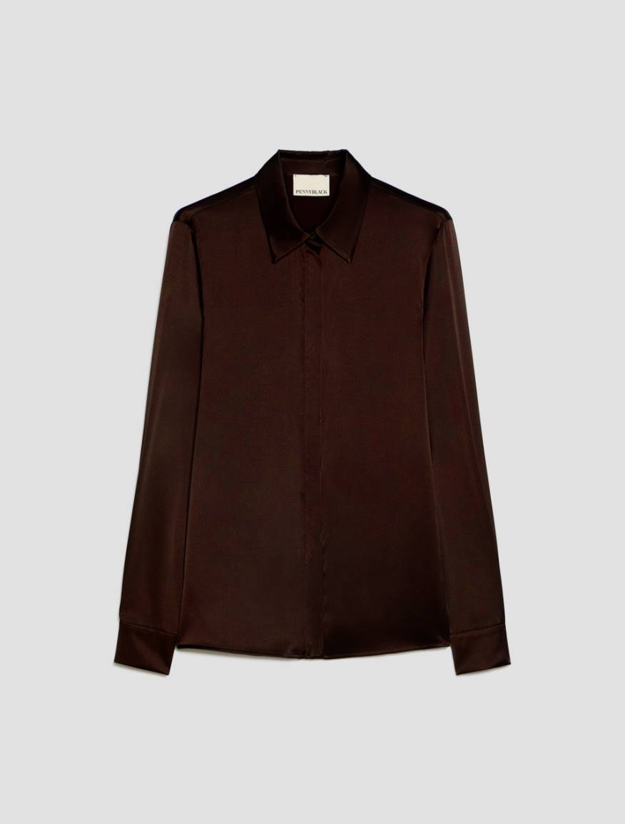 Stretch silk satin shirt - DARK BOWN - Pennyblack - 2