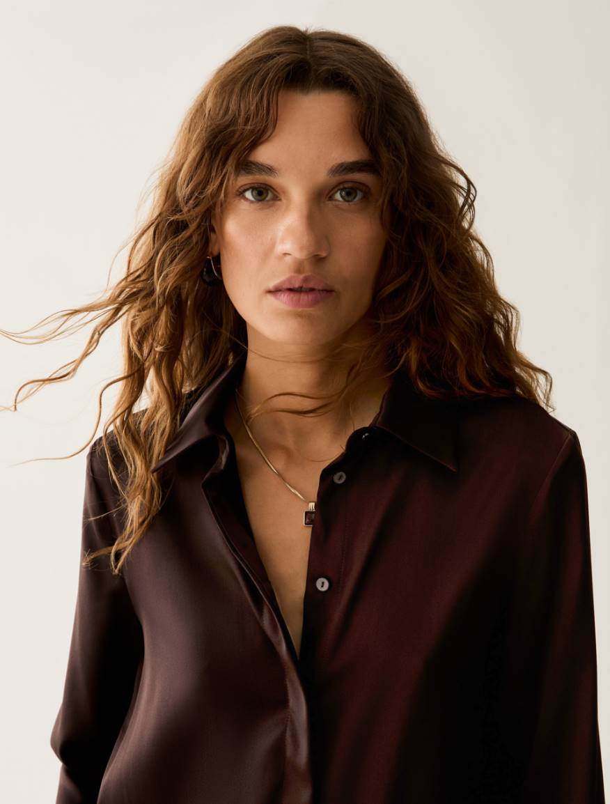 Stretch silk satin shirt - DARK BOWN - Pennyblack - 4