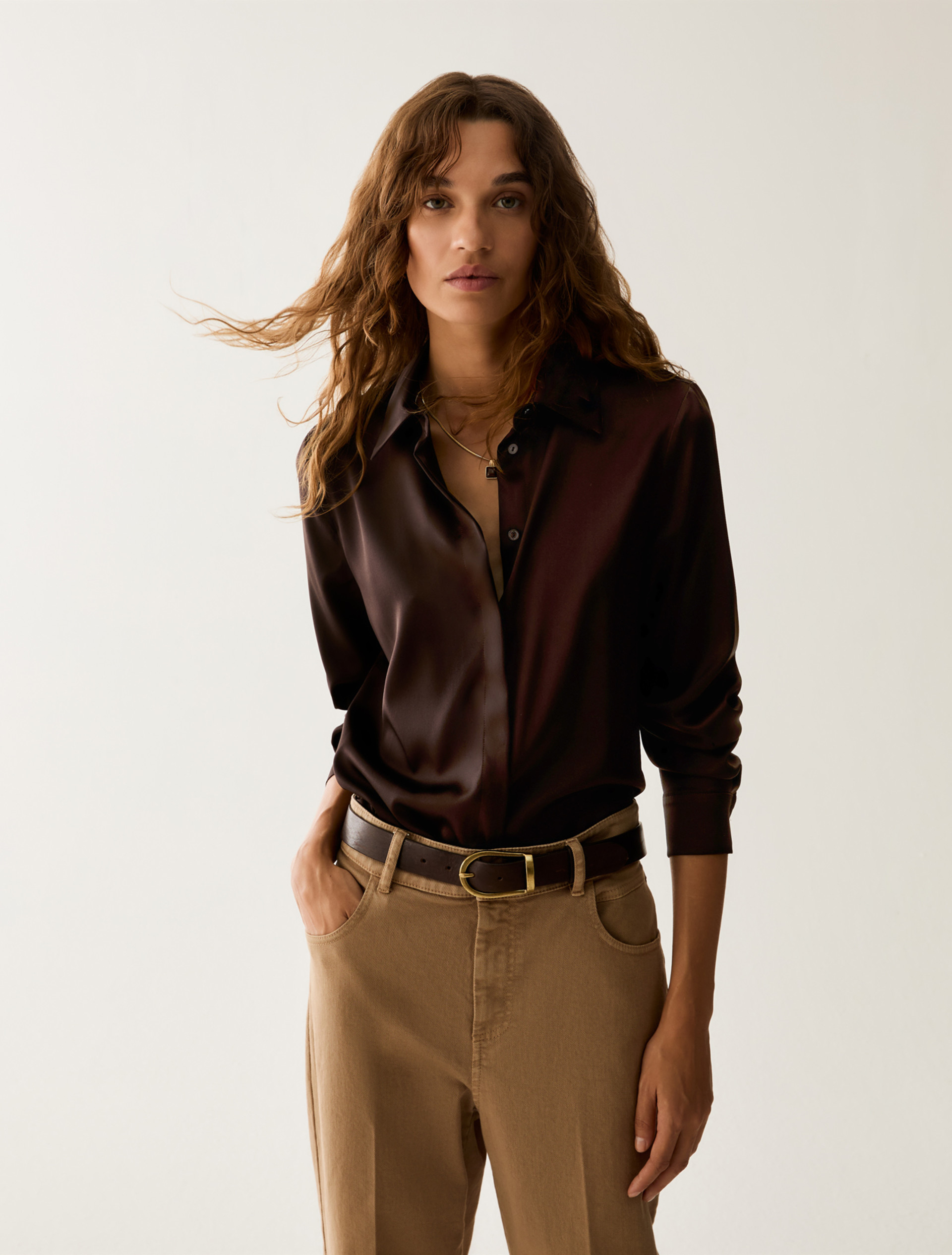 Stretch silk satin shirt - DARK BOWN - Pennyblack - 1