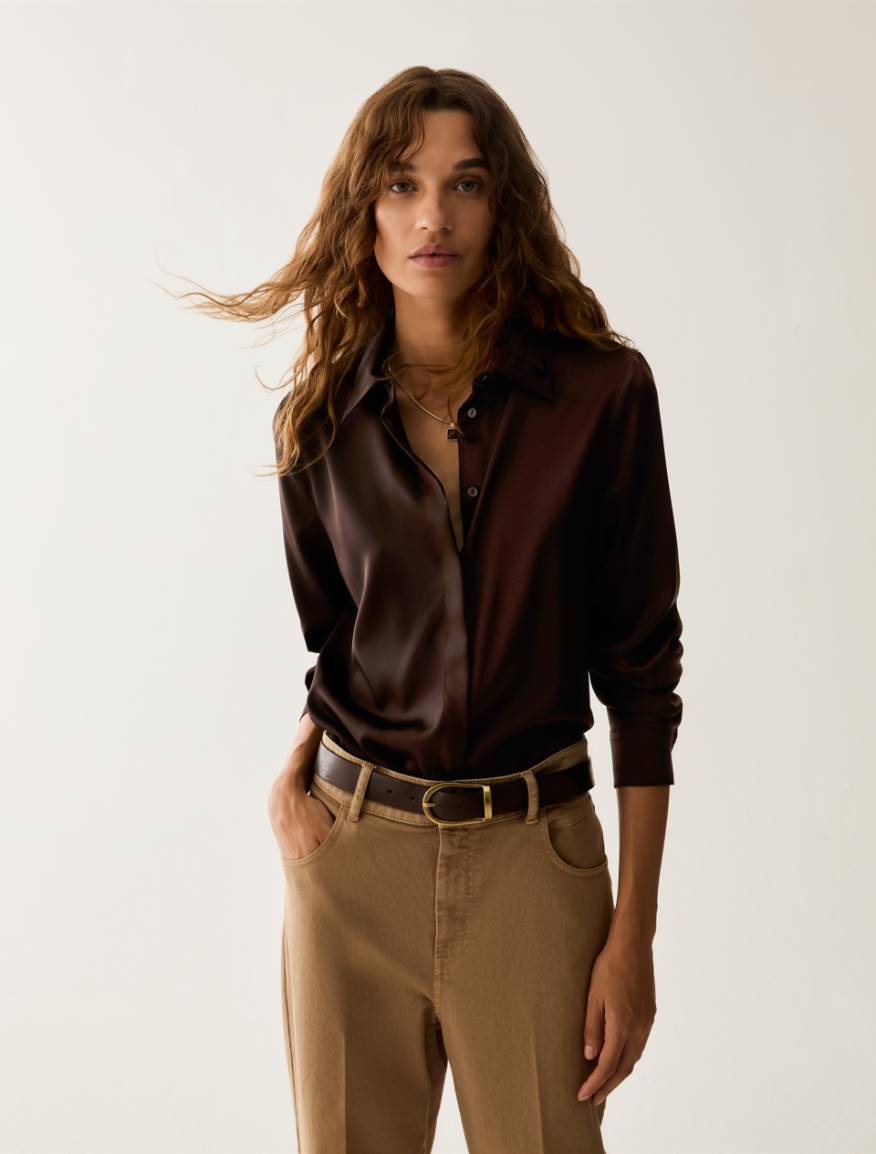 Stretch silk satin shirt - DARK BOWN - Pennyblack