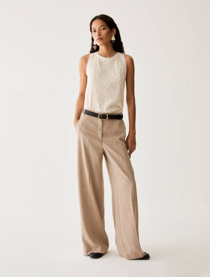 Wide trousers in mélange fabric - BEIGE - Pennyblack