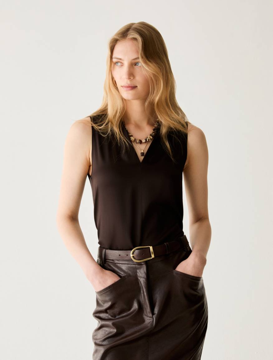 Stretch silk satin top - DARK BOWN - Pennyblack