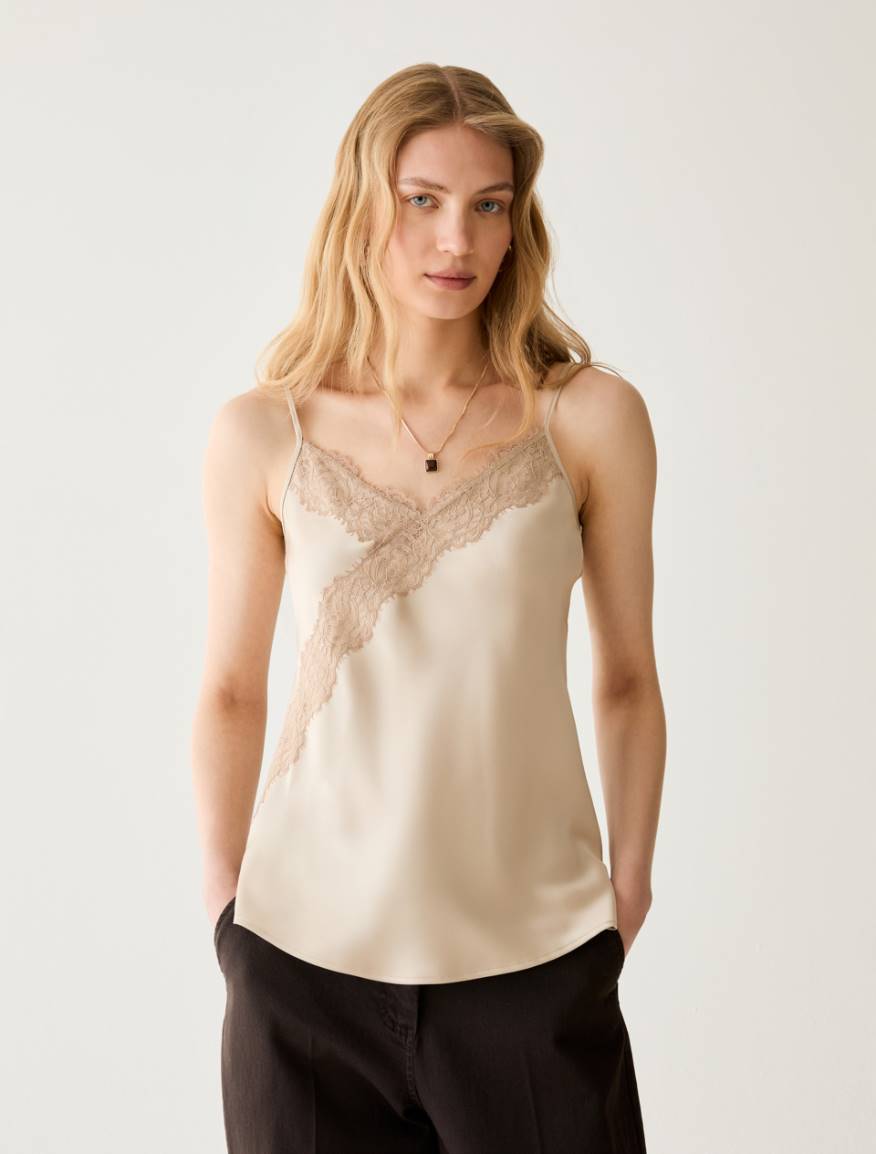 Lace-detail satin top - NATURAL - Pennyblack